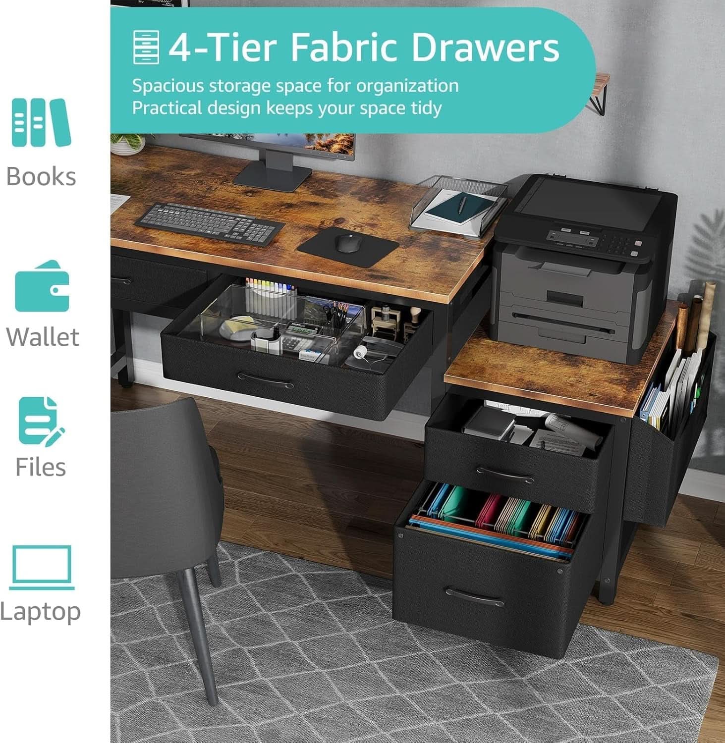 57 Inch Computer Desk Reversible With Fabric File Drawers