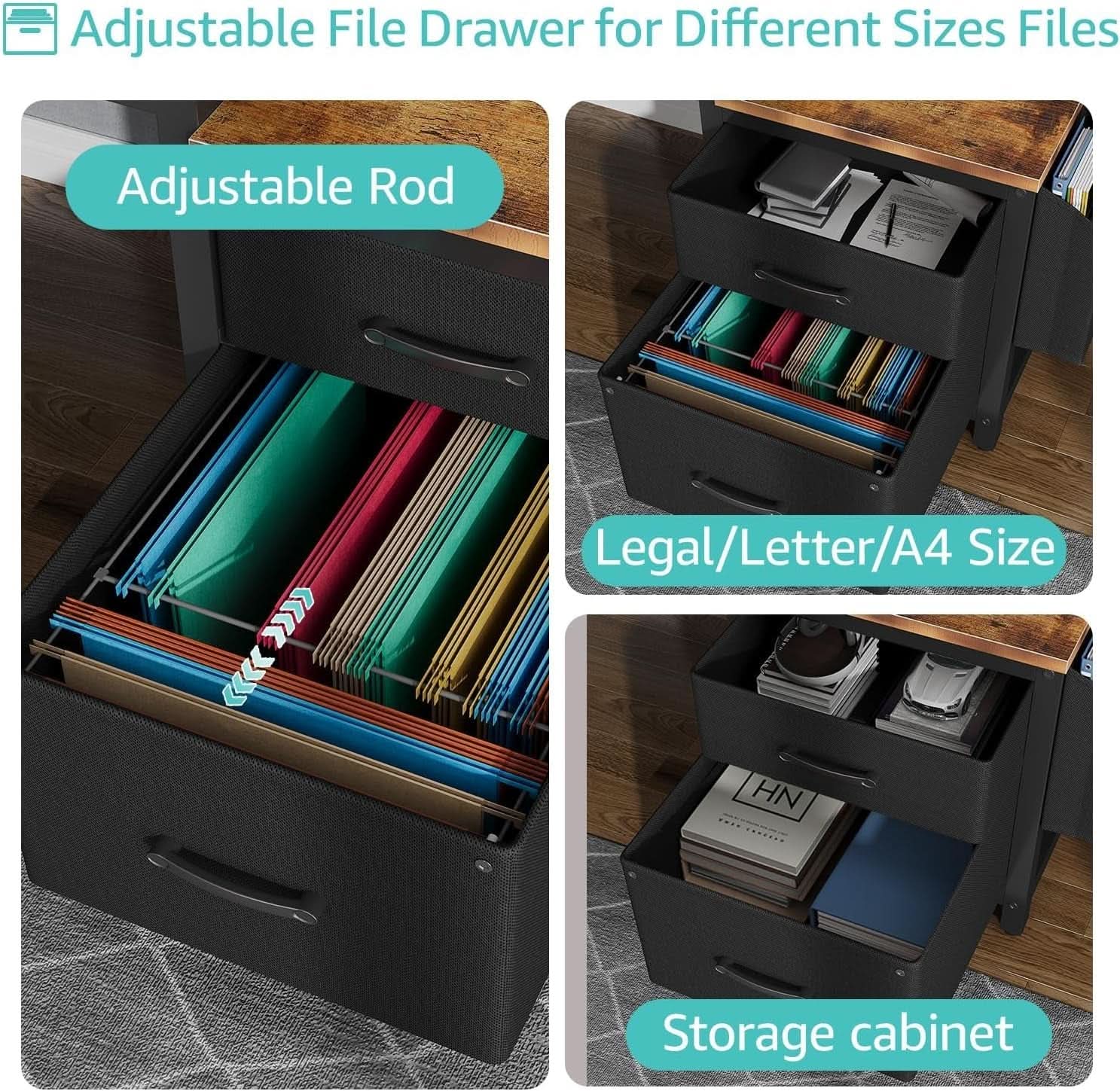 57 Inch Computer Desk Reversible With Fabric File Drawers
