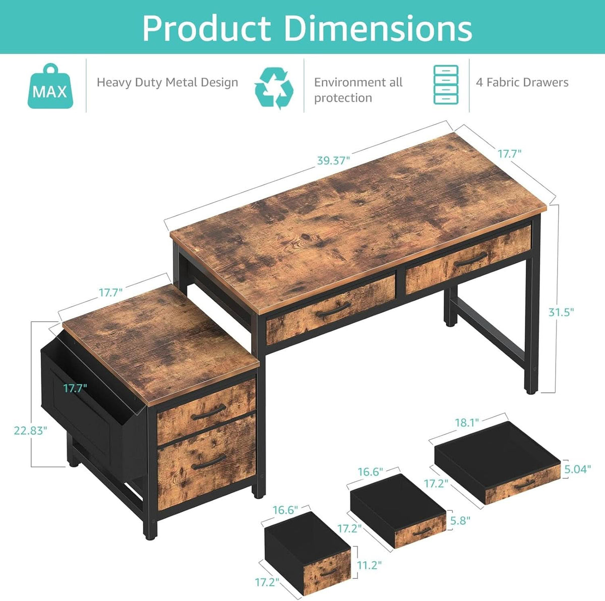 57 Inch Computer Desk With Fabric File Drawers Brown