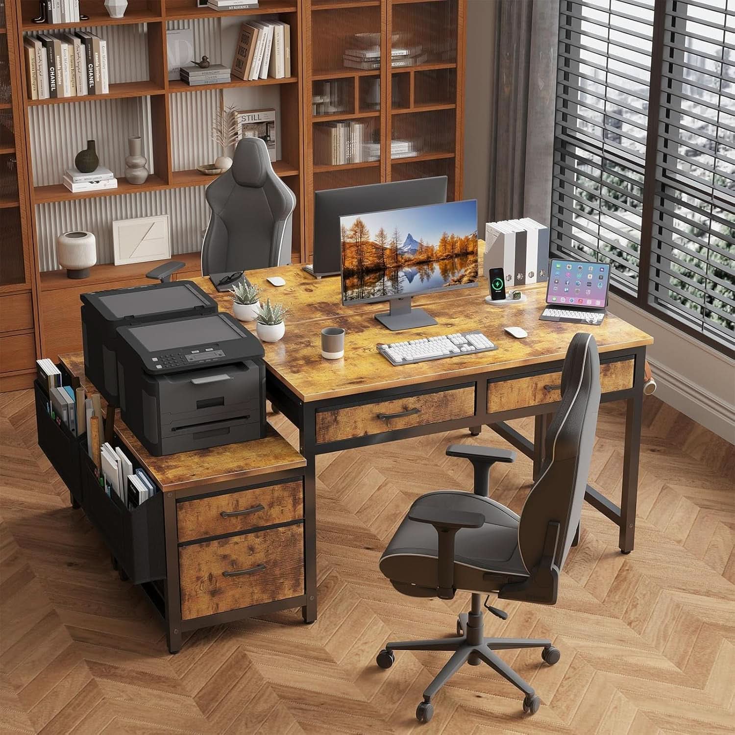 57 Inch Computer Desk With Fabric File Drawers Brown