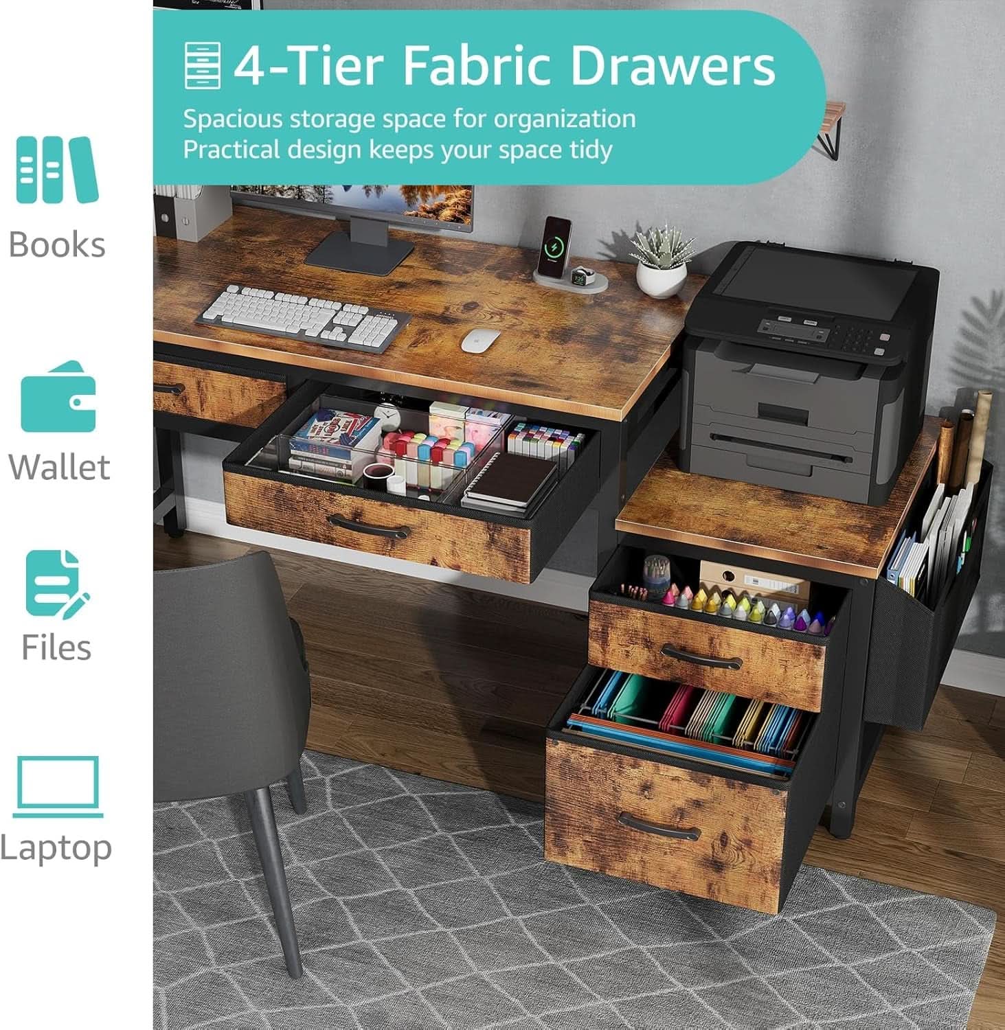57 Inch Computer Desk With Fabric File Drawers Brown