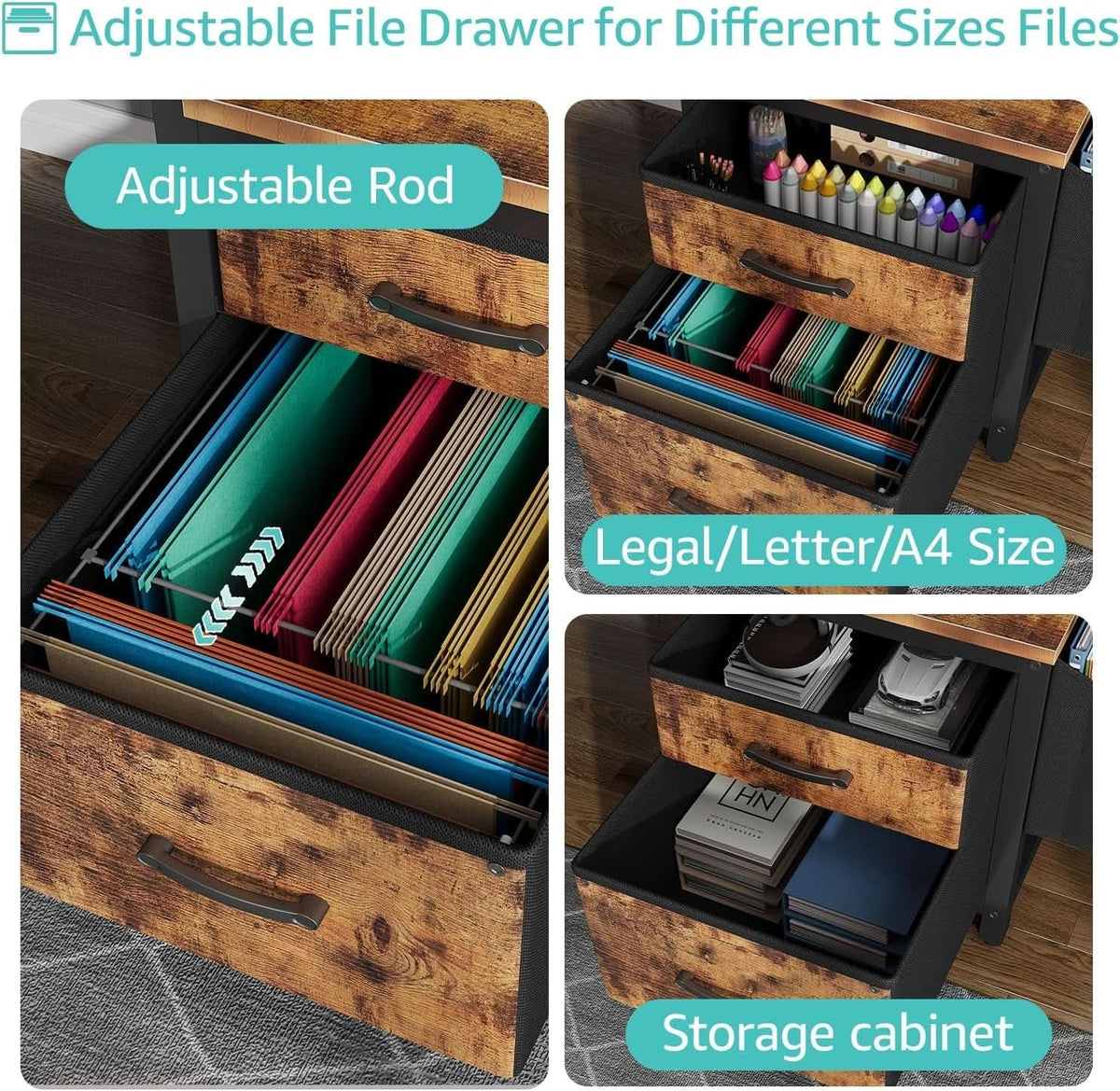 57 Inch Computer Desk With Fabric File Drawers Brown