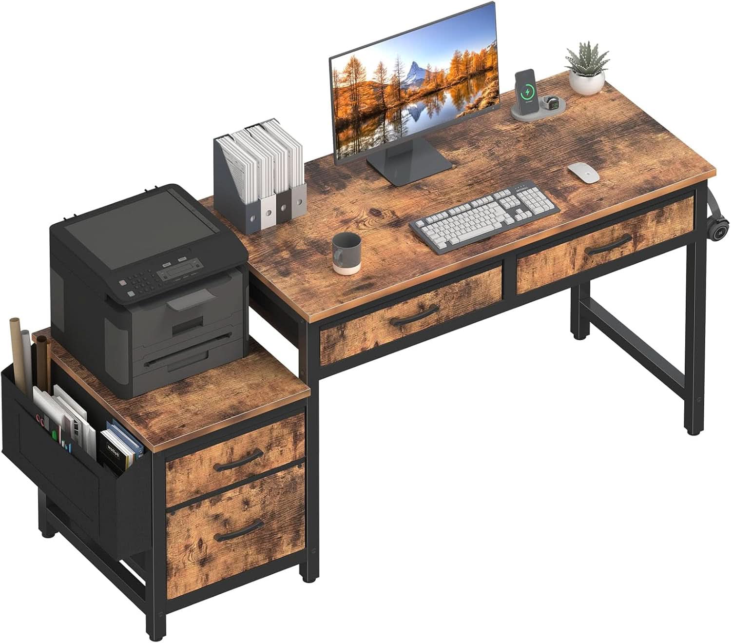 57 Inch Computer Desk With Fabric File Drawers Brown