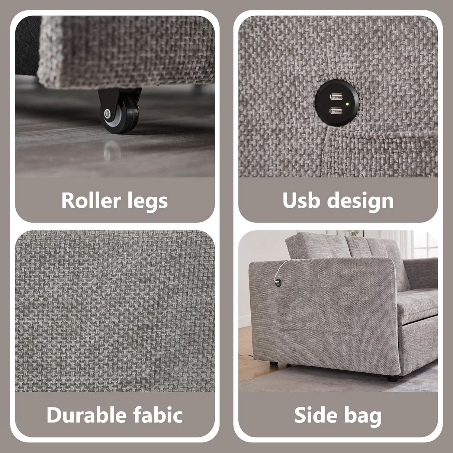 57 Inch Convertible Sofa Bed With USB Charging Ports Grey