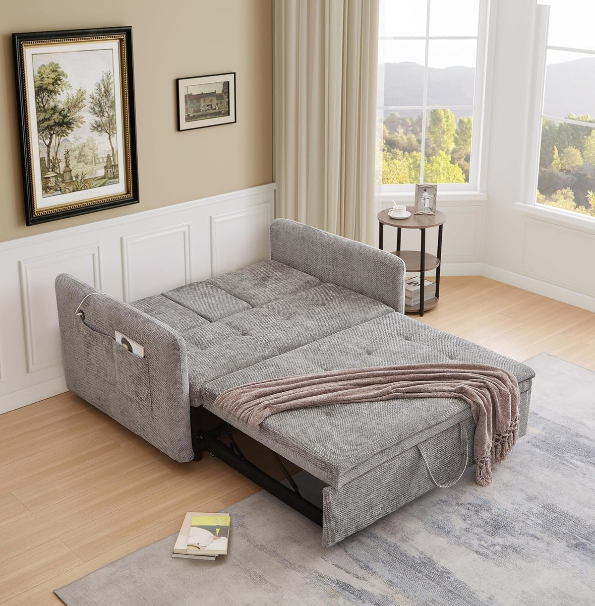 57 Inch Convertible Sofa Bed With USB Charging Ports Grey