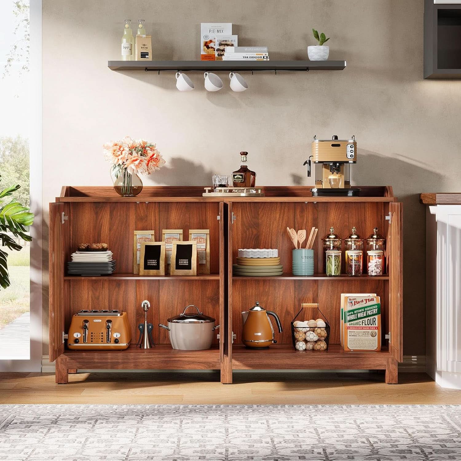 57 Inch Farmhouse Sideboard Cabinet With Adjustable Shelves