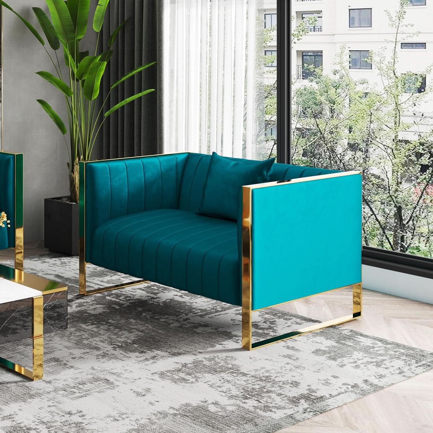 57 Inch Teal Velvet Loveseat For Living Room High Density Foam