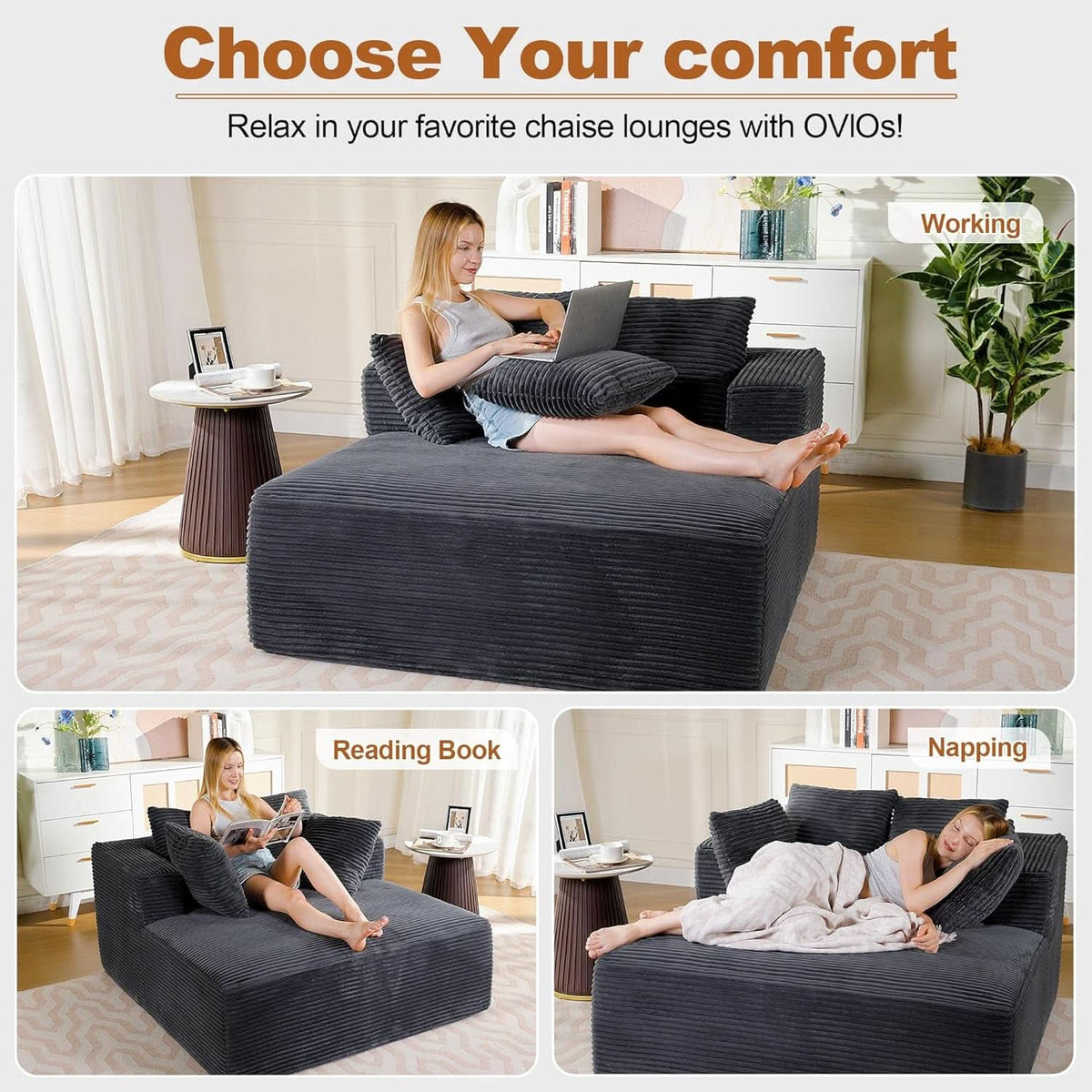 57Inch Luxuriously Plush Corduroy Chaise Lounge Grey