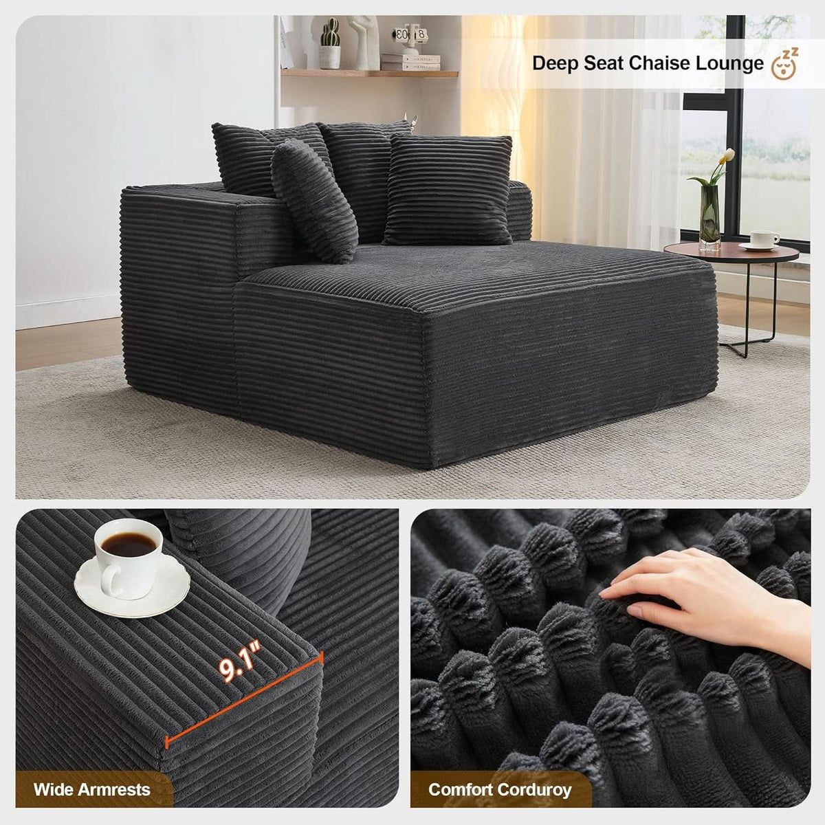57Inch Luxuriously Plush Corduroy Chaise Lounge Grey