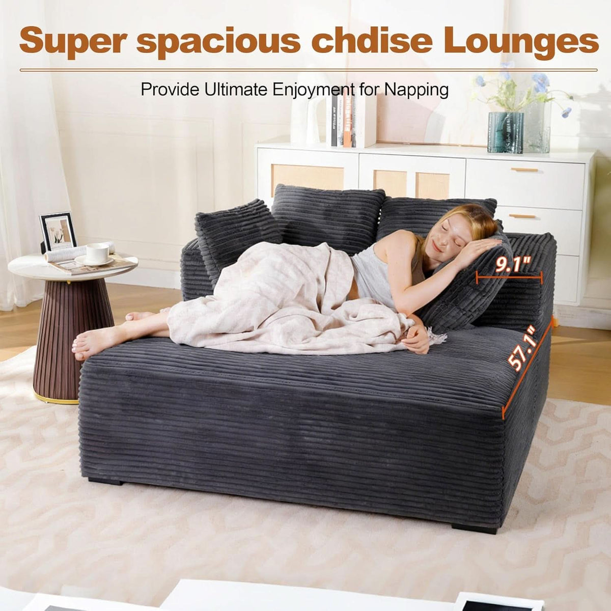 57Inch Luxuriously Plush Corduroy Chaise Lounge Grey