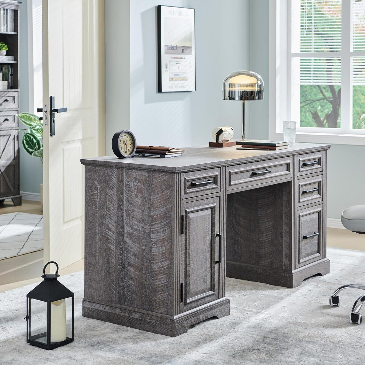 58 Inch Executive Desk Weatherworn Grey With Drawers And Cabinet