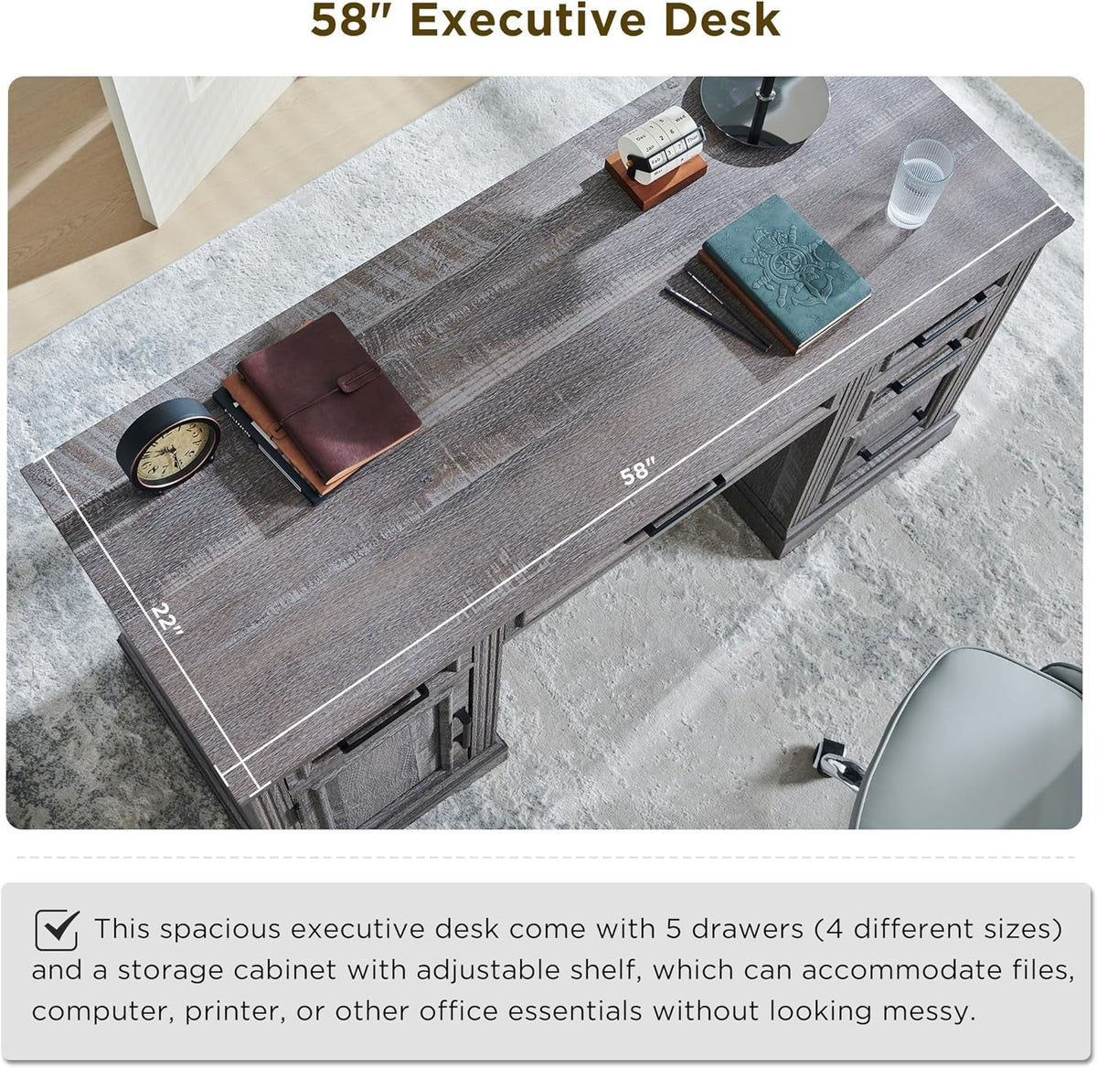 58 Inch Executive Desk Weatherworn Grey With Drawers And Cabinet
