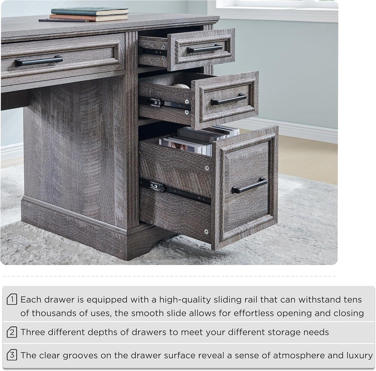 58 Inch Executive Desk Weatherworn Grey With Drawers And Cabinet