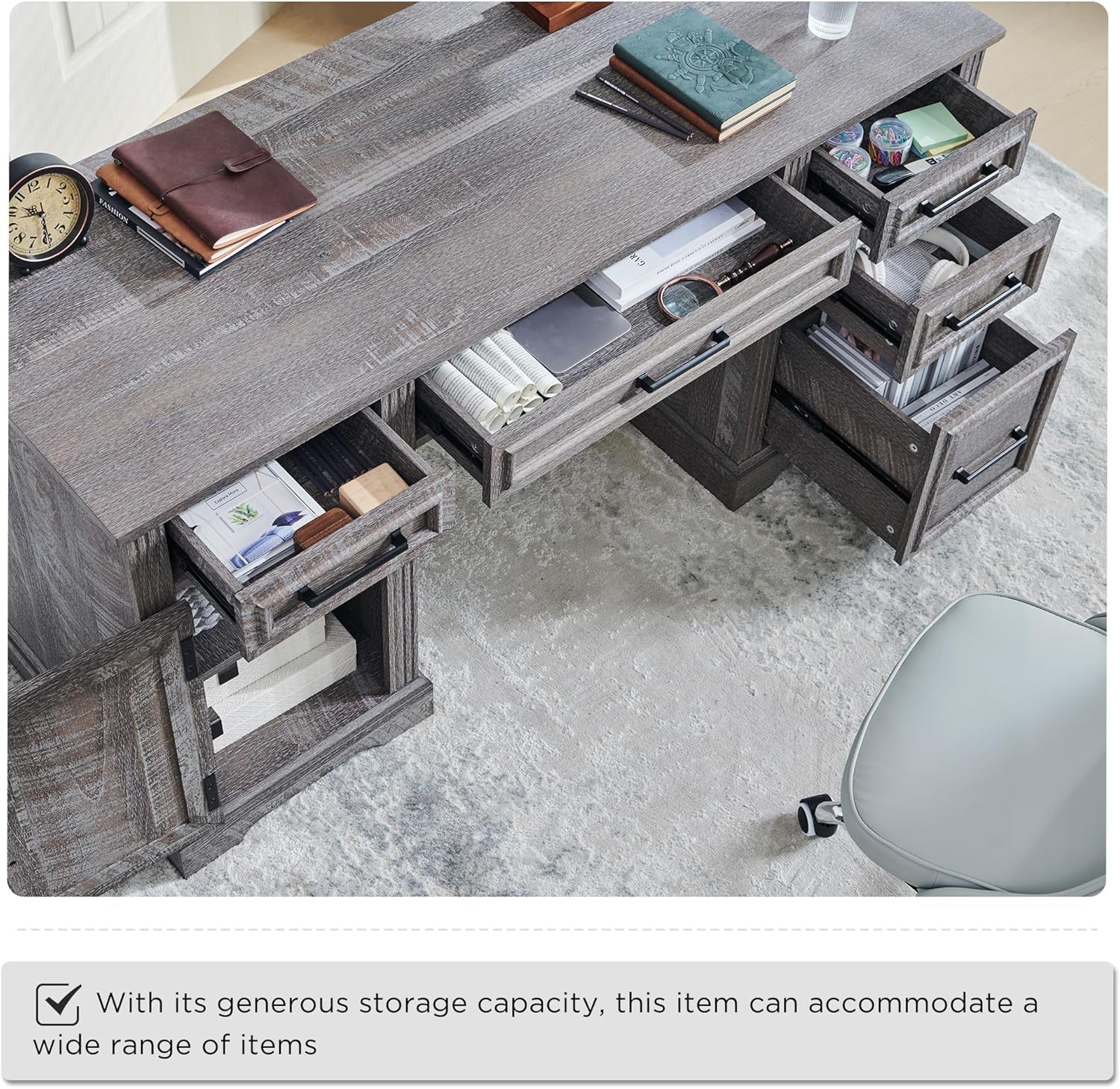 58 Inch Executive Desk Weatherworn Grey With Drawers And Cabinet