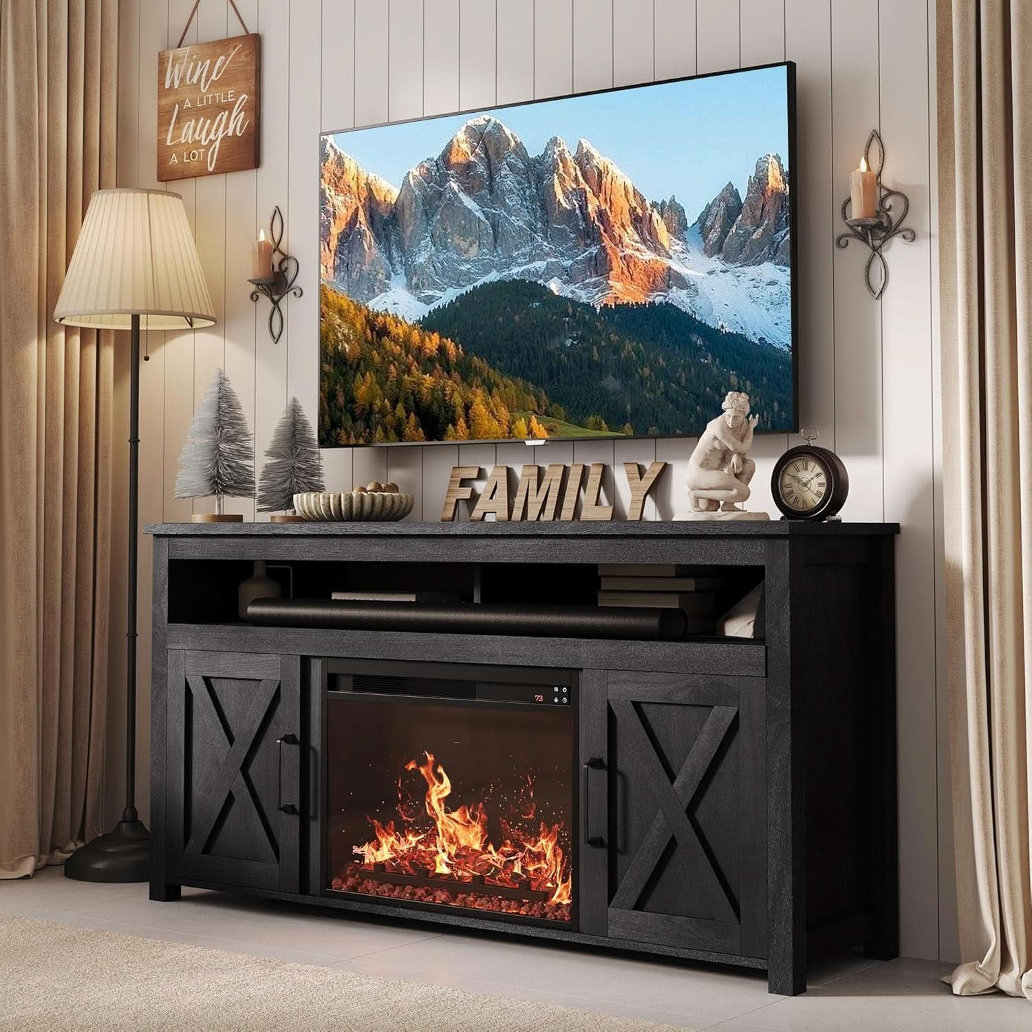 58 Inch Farmhouse TV Stand With Electric Fireplace Grey