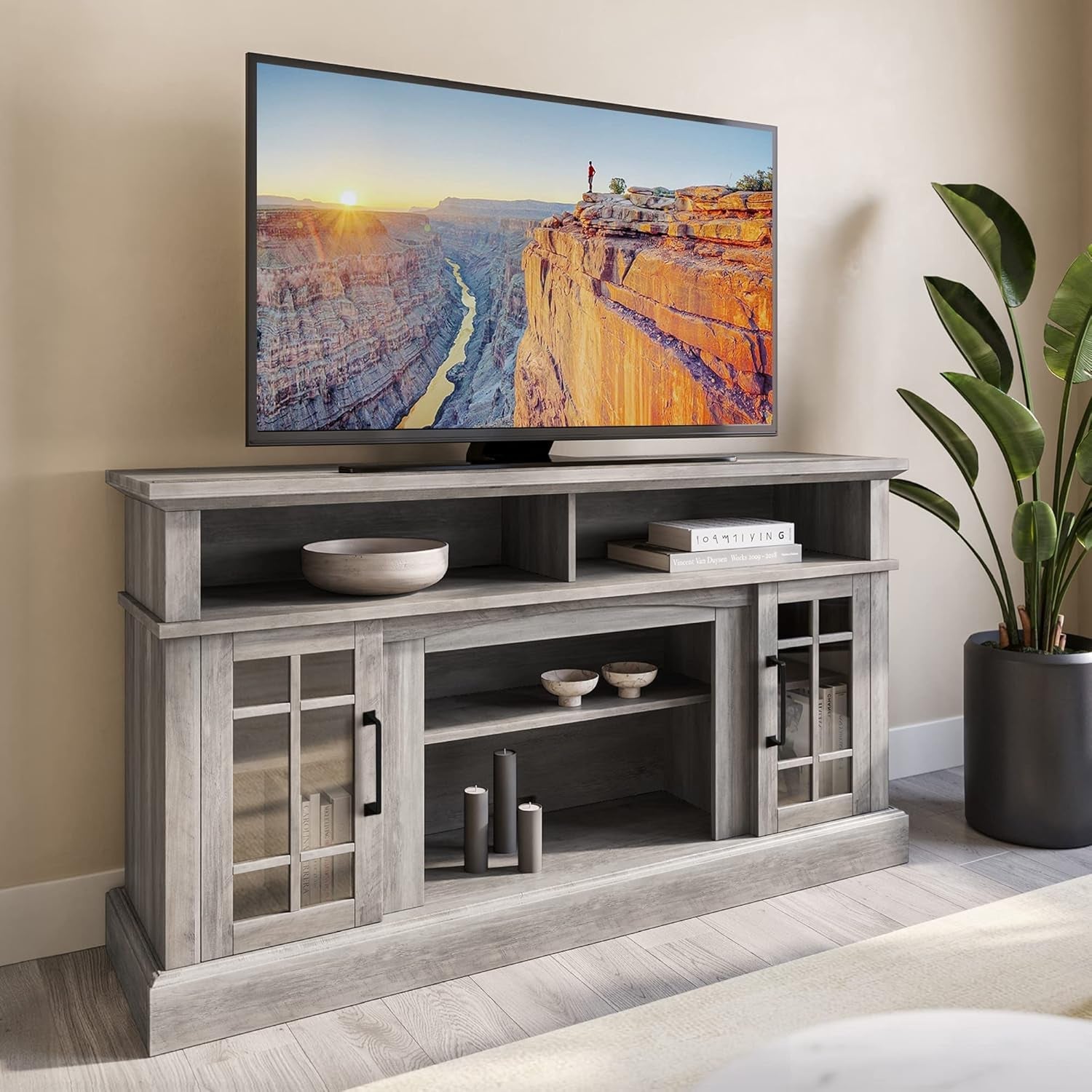 58 Inch Gray Wood TV Stand With Storage Open Shelves