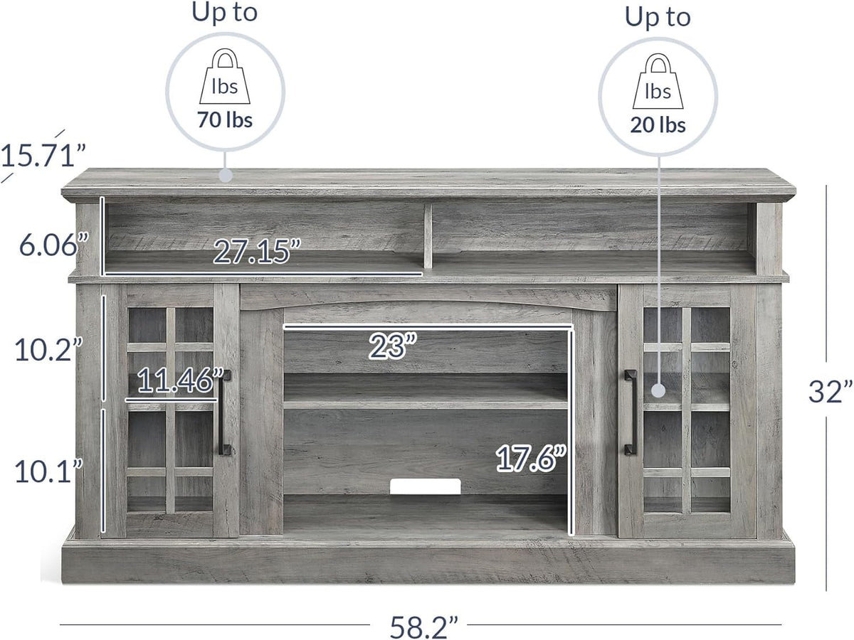 58 Inch Gray Wood TV Stand With Storage Open Shelves