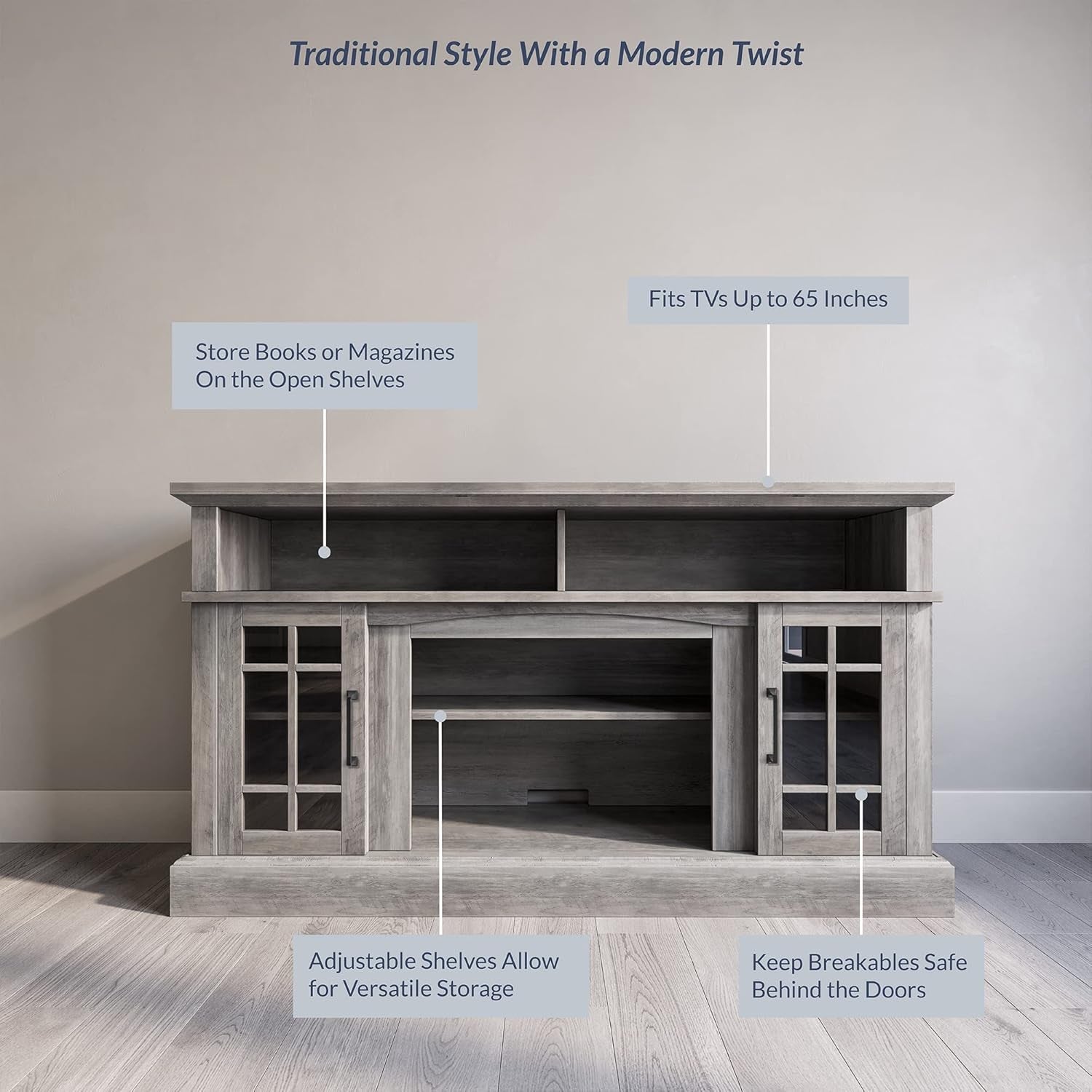 58 Inch Gray Wood TV Stand With Storage Open Shelves