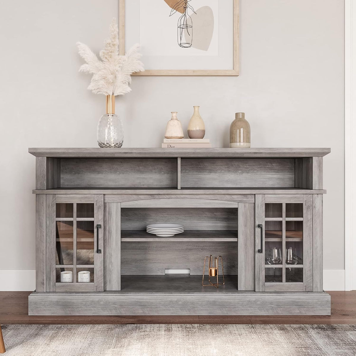 58 Inch Gray Wood TV Stand With Storage Open Shelves