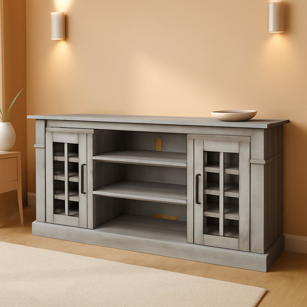 58 Inch Gray Wood TV Stand With Storage Open Shelves