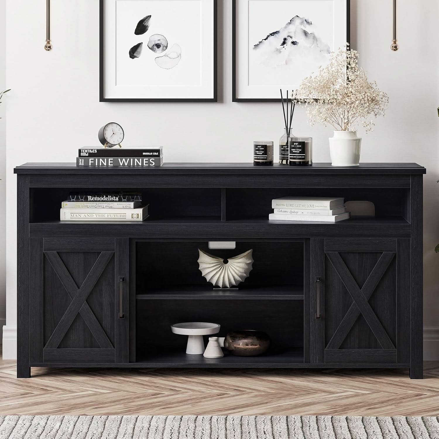 58 Inch Rustic TV Stand With Barn Door Cabinets For TVs Up To 65 Inches
