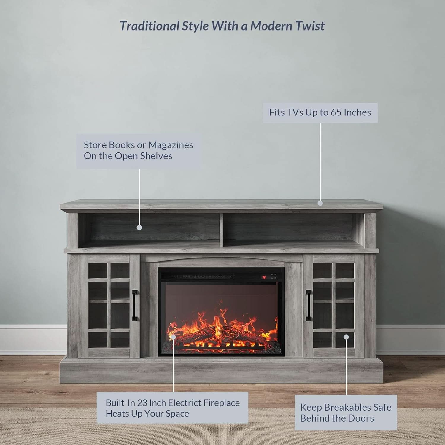 58 Inch Rustic TV Stand With Electric Fireplace And Storage