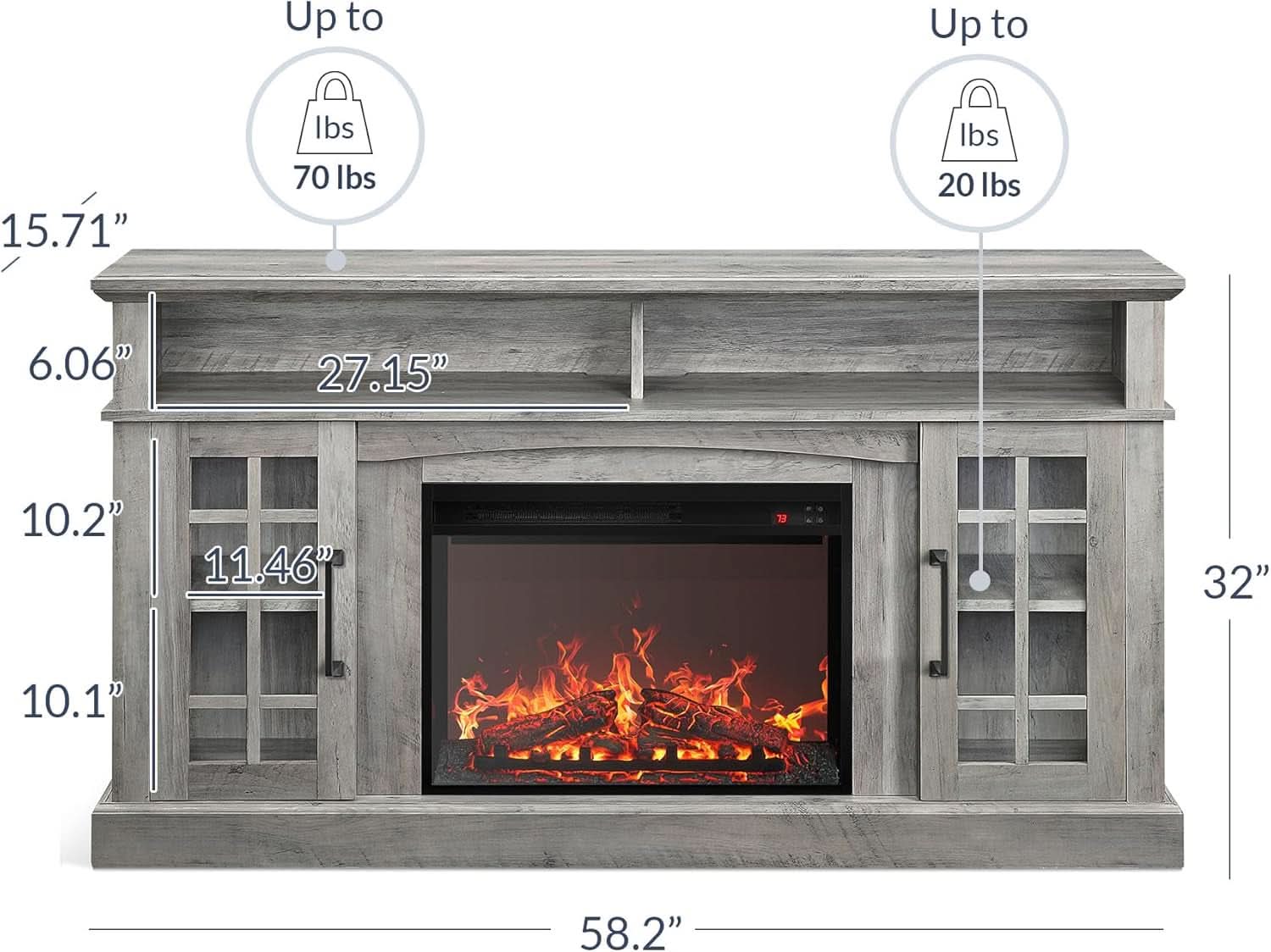 58 Inch Rustic TV Stand With Electric Fireplace And Storage