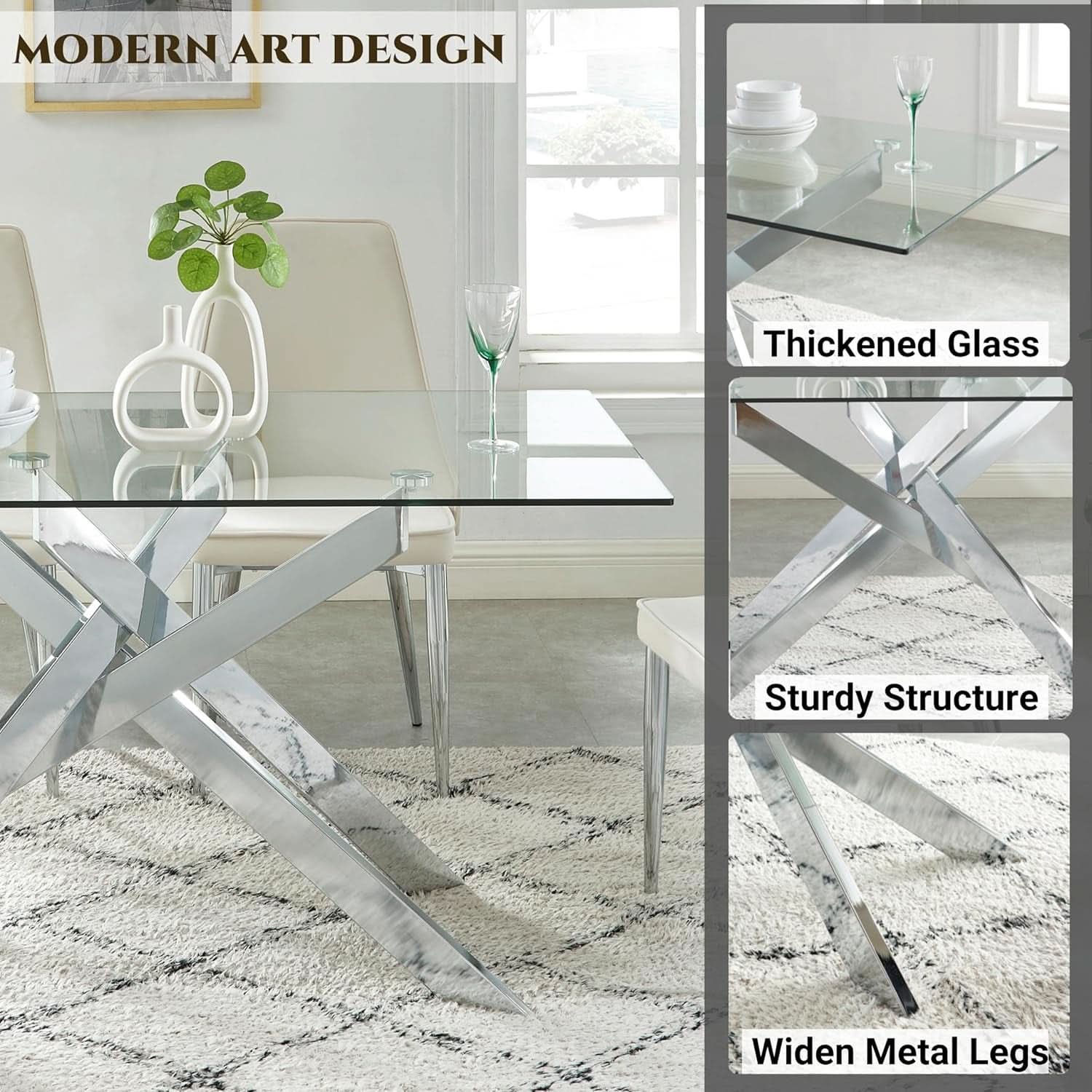58.5 Inch Rectangular Glass Dining Table With Silver Finish
