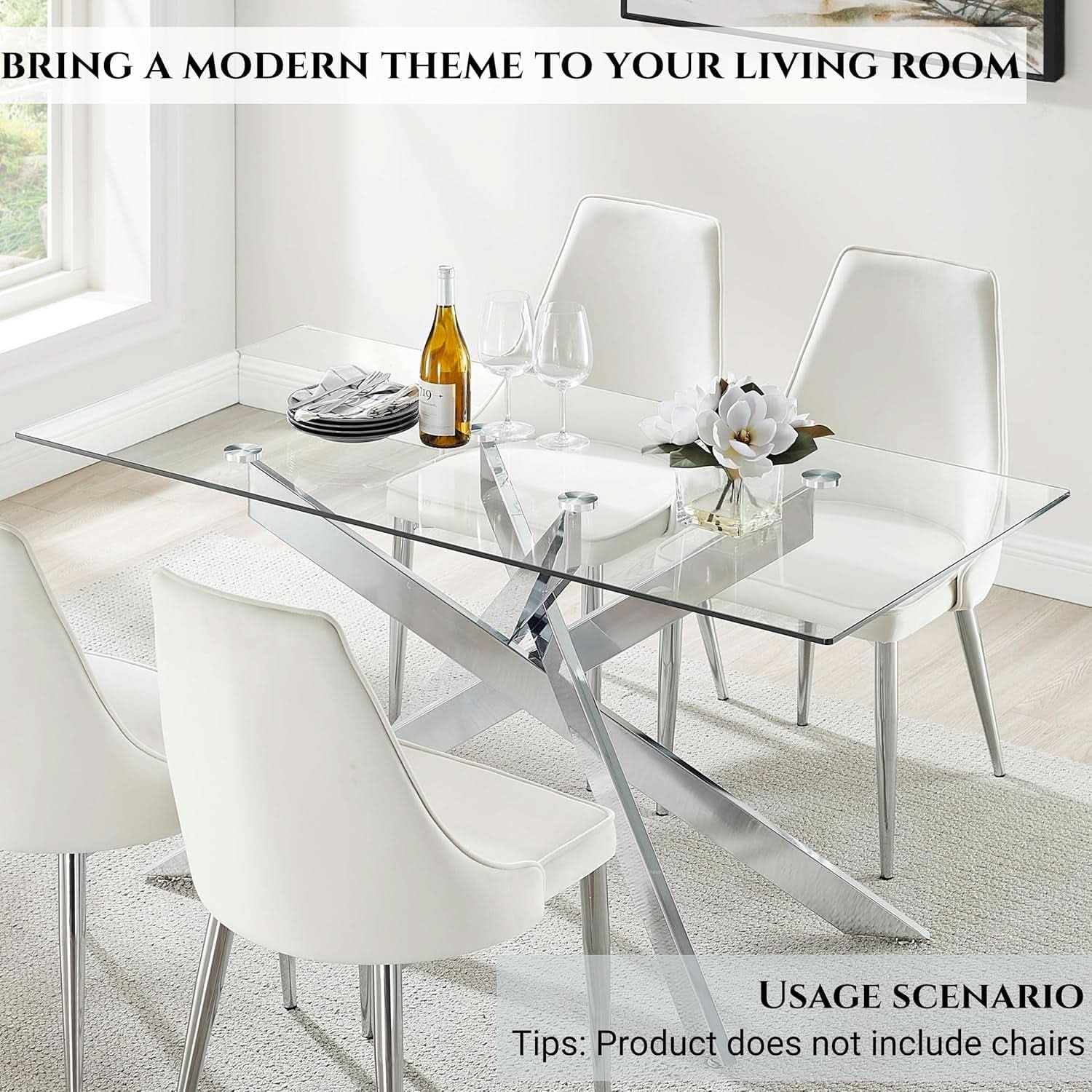 58.5 Inch Rectangular Glass Dining Table With Silver Finish