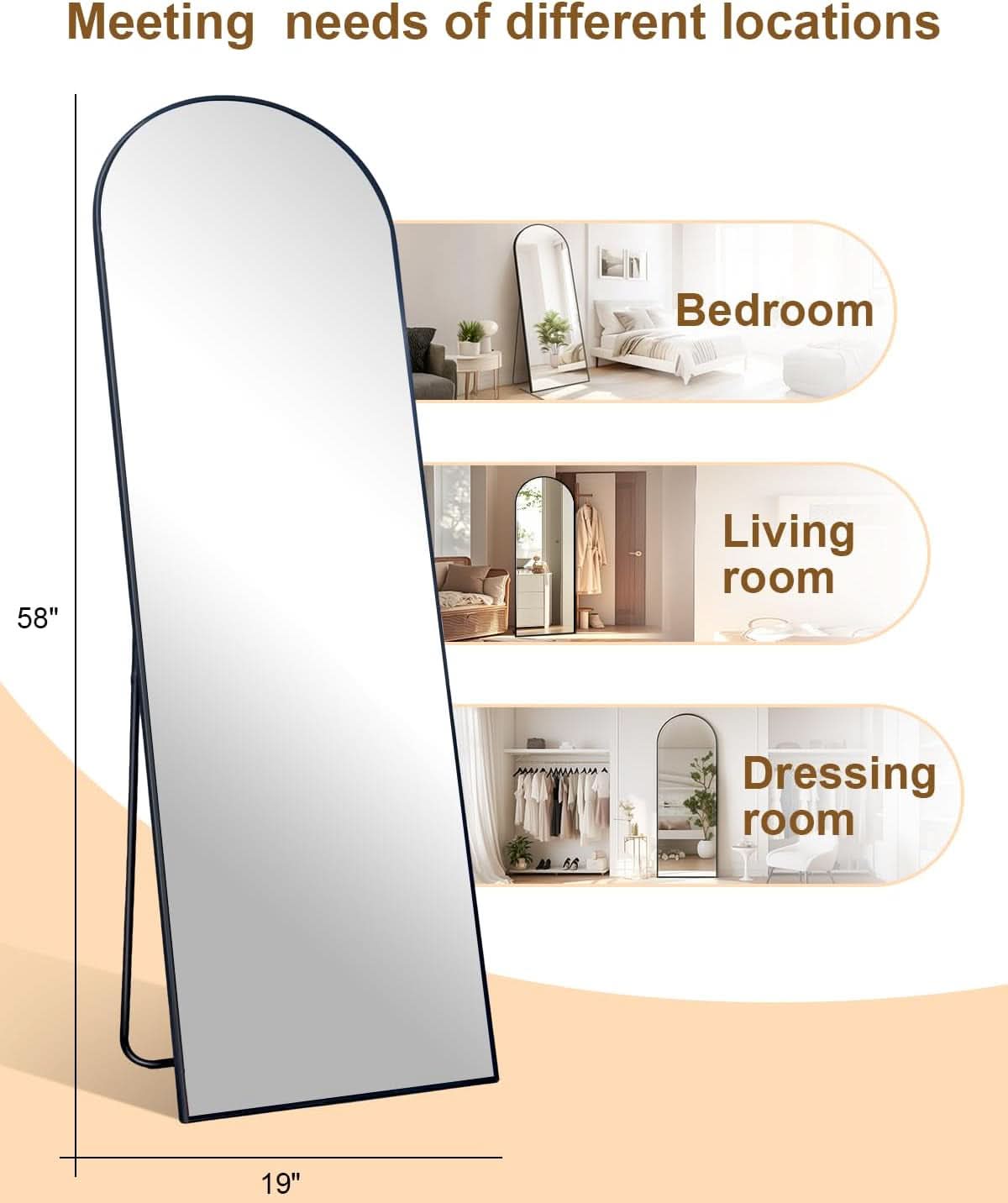 58x19 Inch Arched Floor Standing Full Length Mirror Black