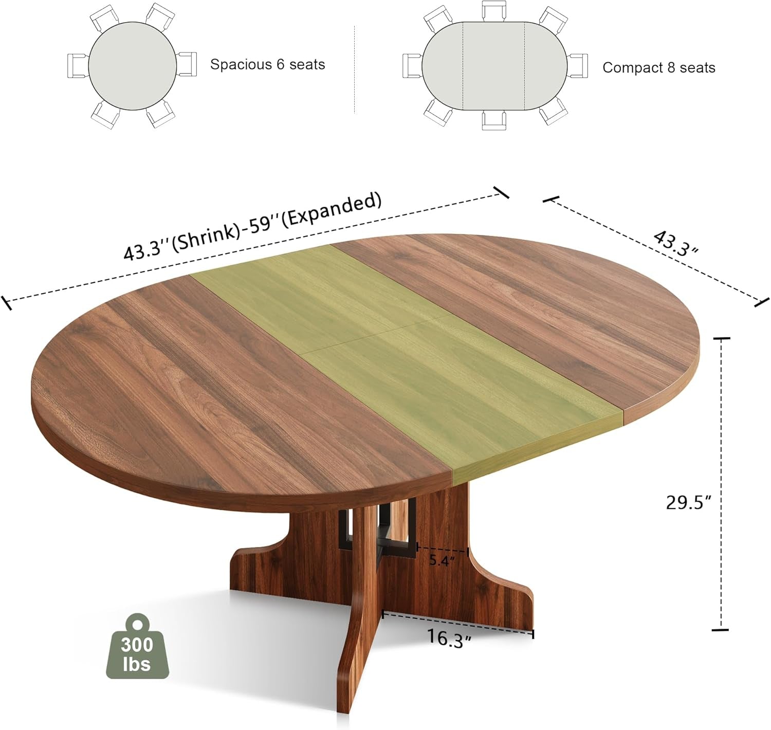 59 Inch Extendable Round Dining Table Walnut Finish