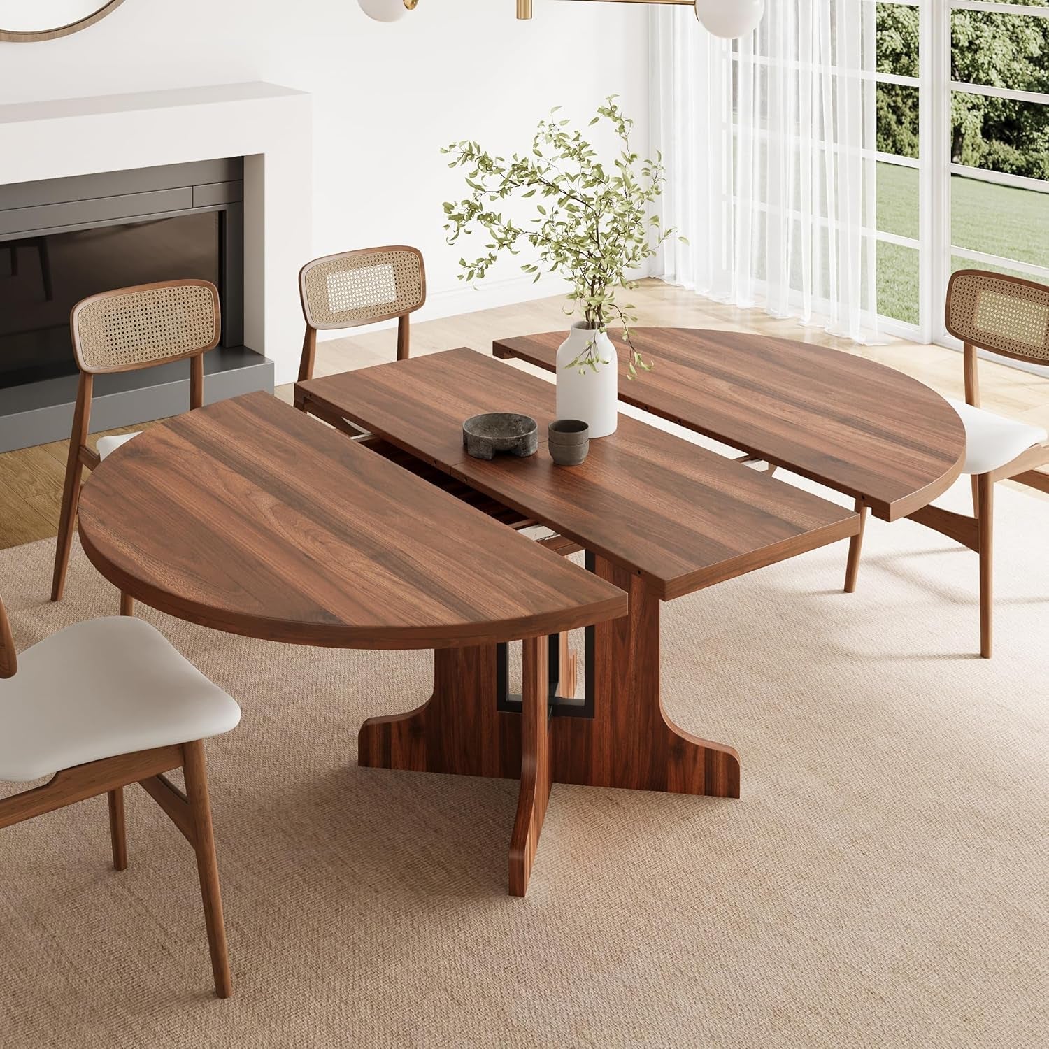 59 Inch Extendable Round Dining Table Walnut Finish