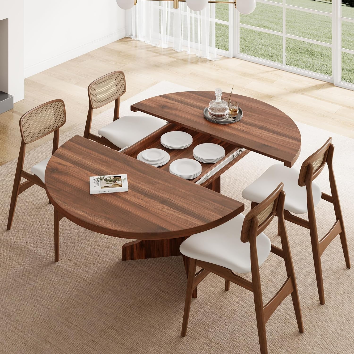 59 Inch Extendable Round Dining Table Walnut Finish