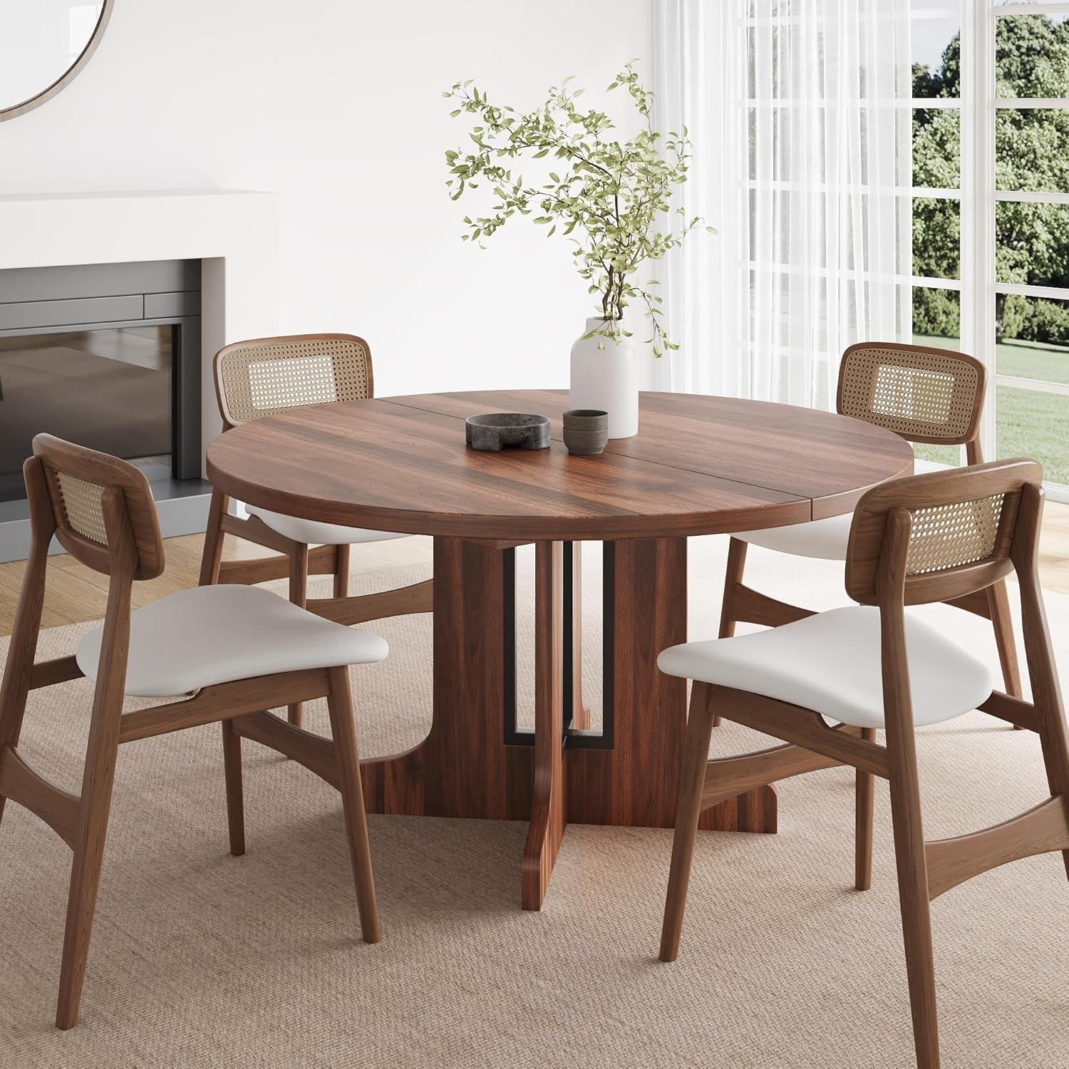 59 Inch Extendable Round Dining Table Walnut Finish