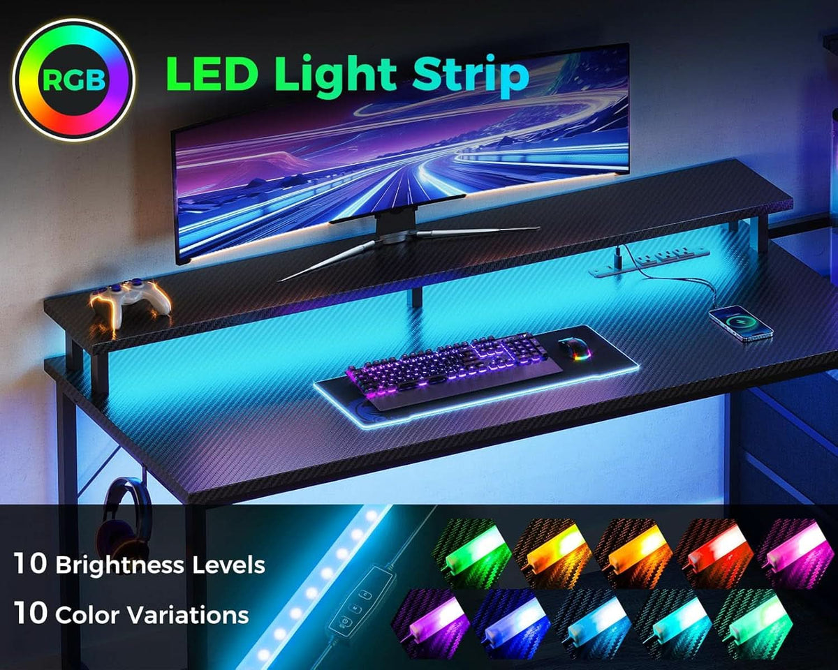 59 Inch Gaming Desk With USB Ports And LED Lighting