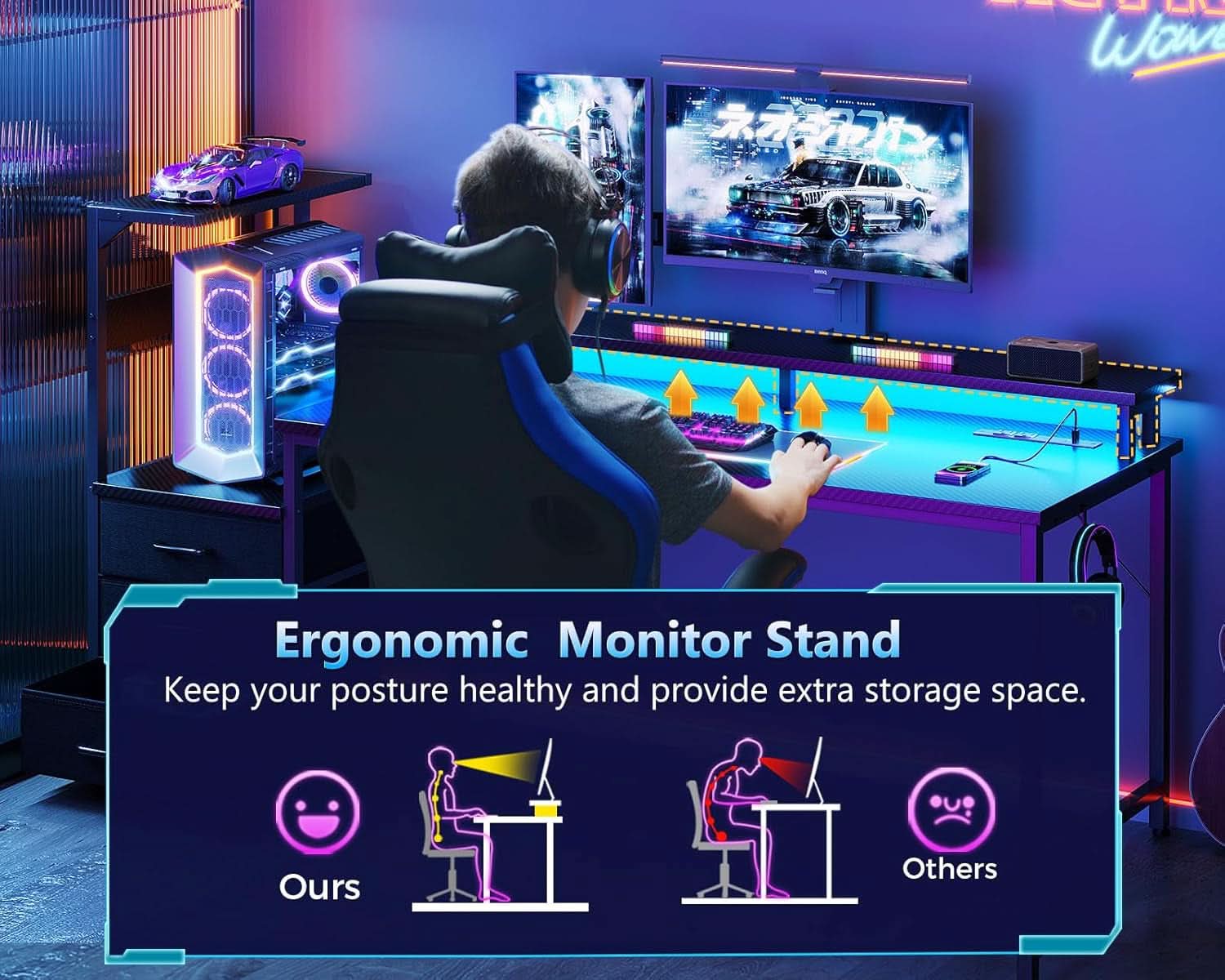 59 Inch Gaming Desk With USB Ports And LED Lighting