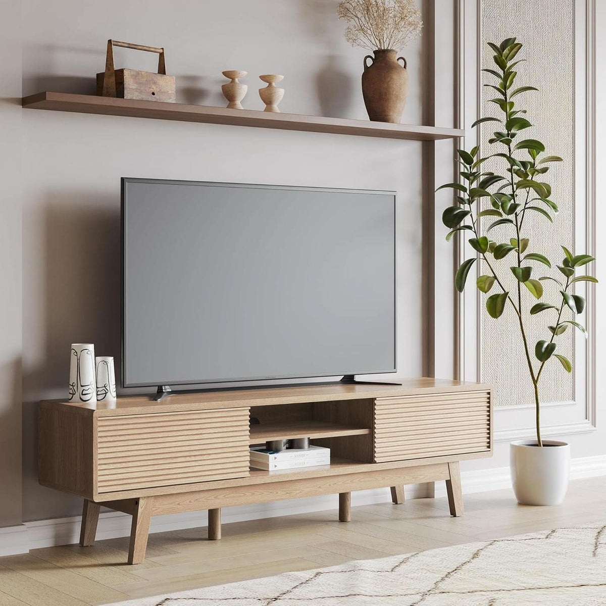 59 Inch Mid Century Modern TV Console Fluted Doors