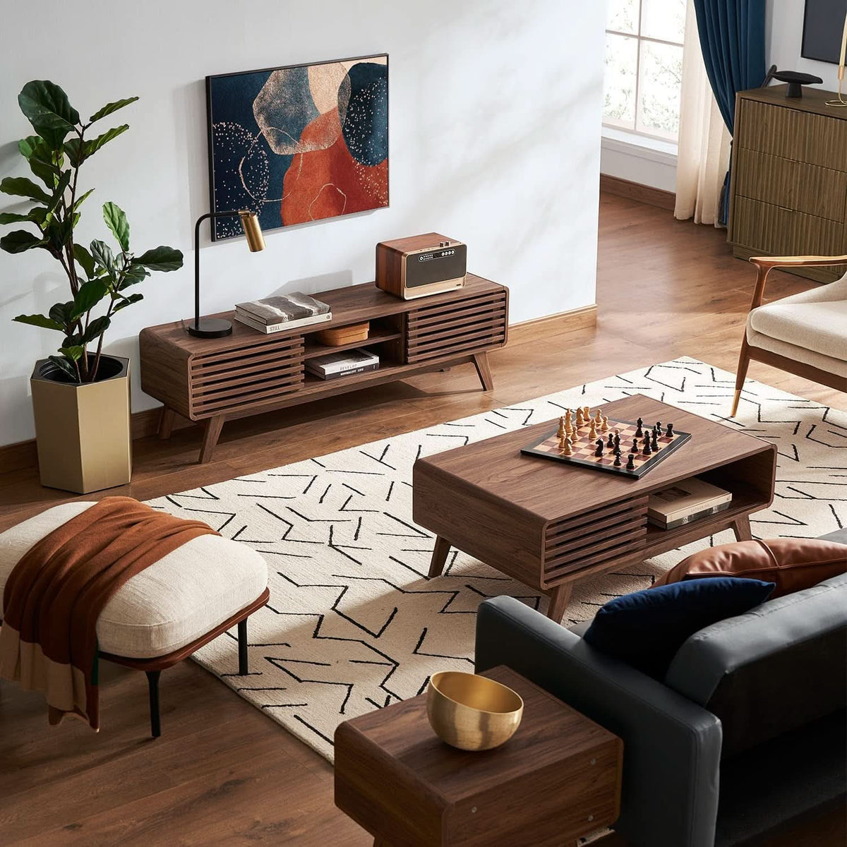 59 Inch Walnut TV Stand Mid Century Modern Console