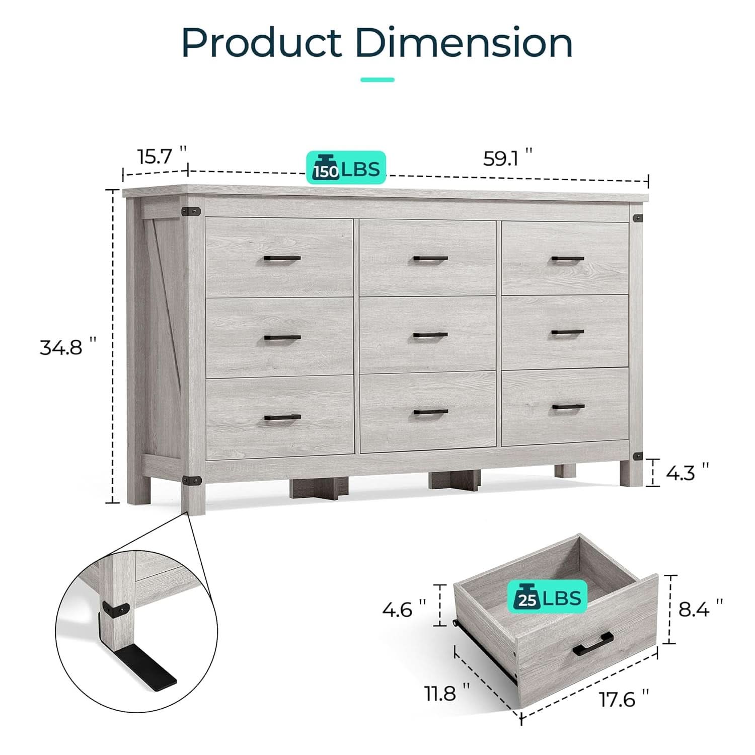 59 Inch Washed Grey Modern Farmhouse DresserWithNineDrawers