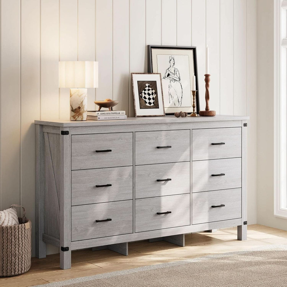 59 Inch Washed Grey Modern Farmhouse DresserWithNineDrawers
