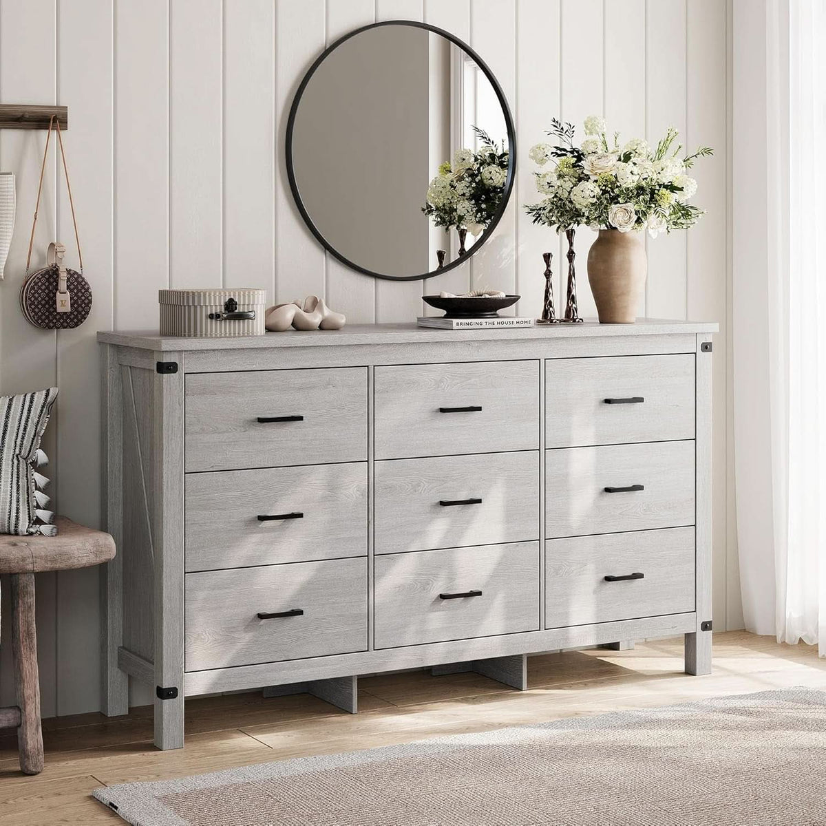 59 Inch Washed Grey Modern Farmhouse DresserWithNineDrawers