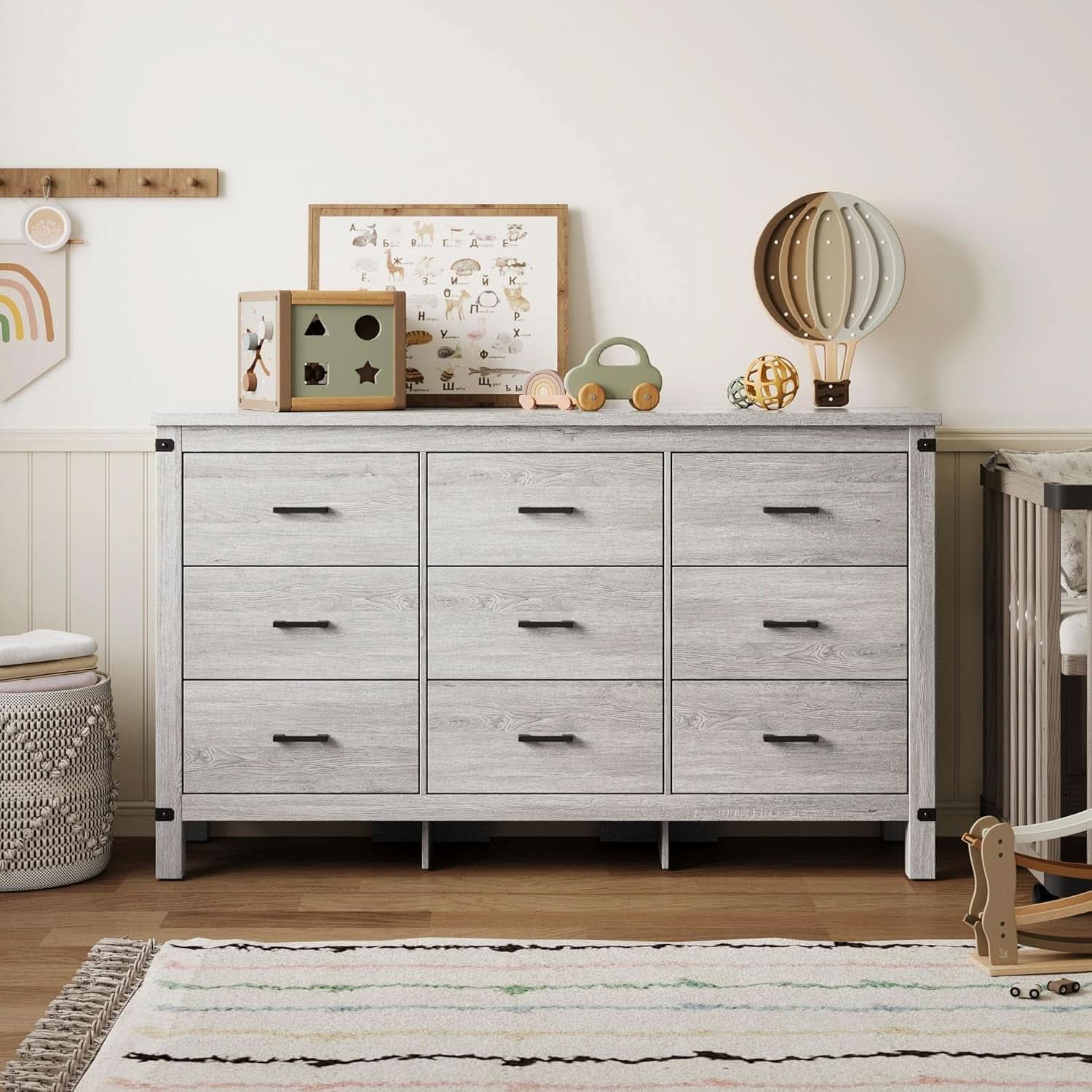 59 Inch Washed Grey Modern Farmhouse DresserWithNineDrawers