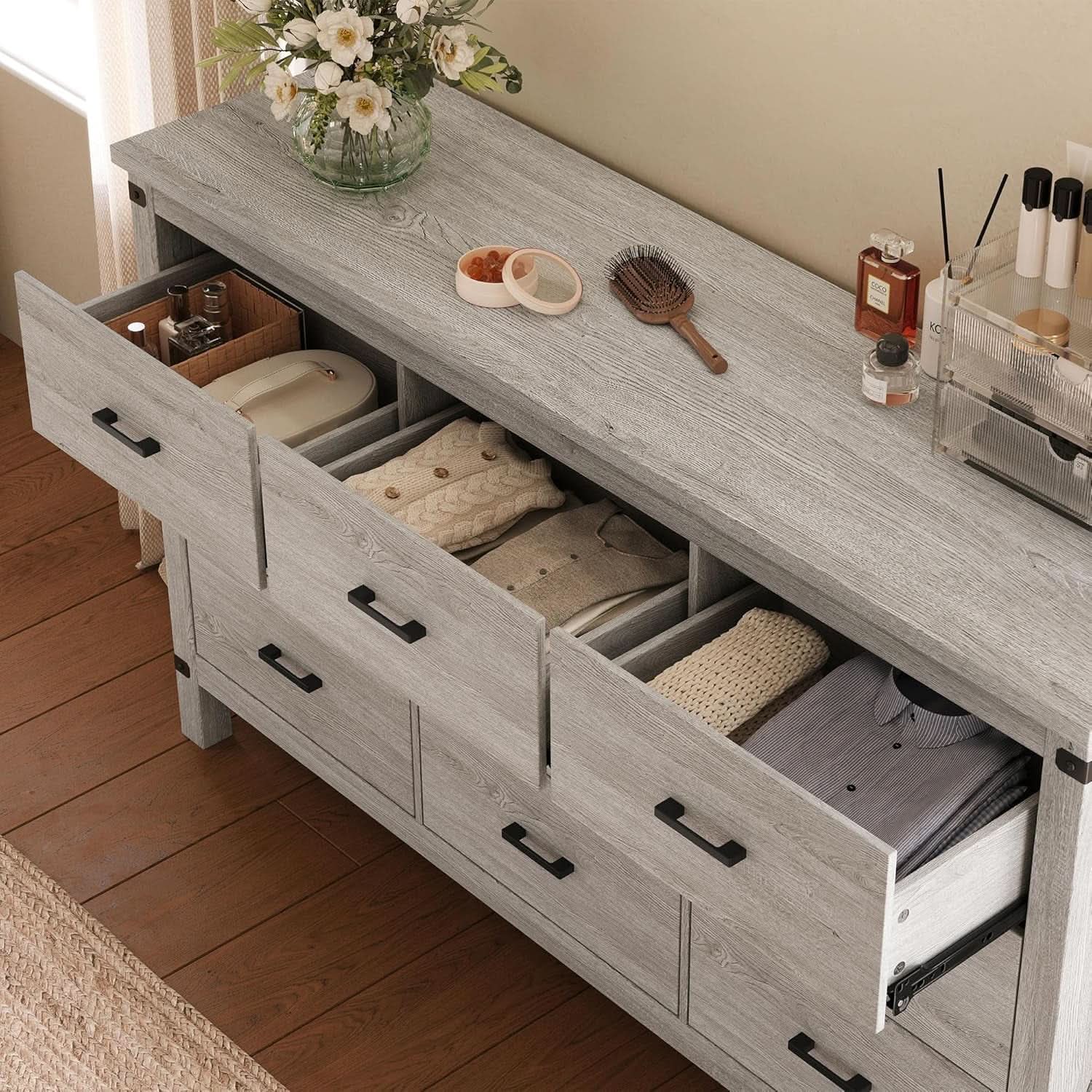 59 Inch Washed Grey Modern Farmhouse DresserWithNineDrawers