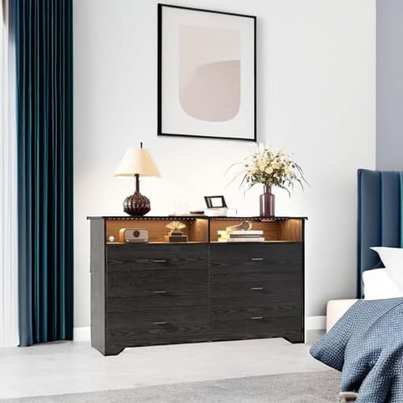 59Inch Black Dresser Featuring LED Lighting USBPorts