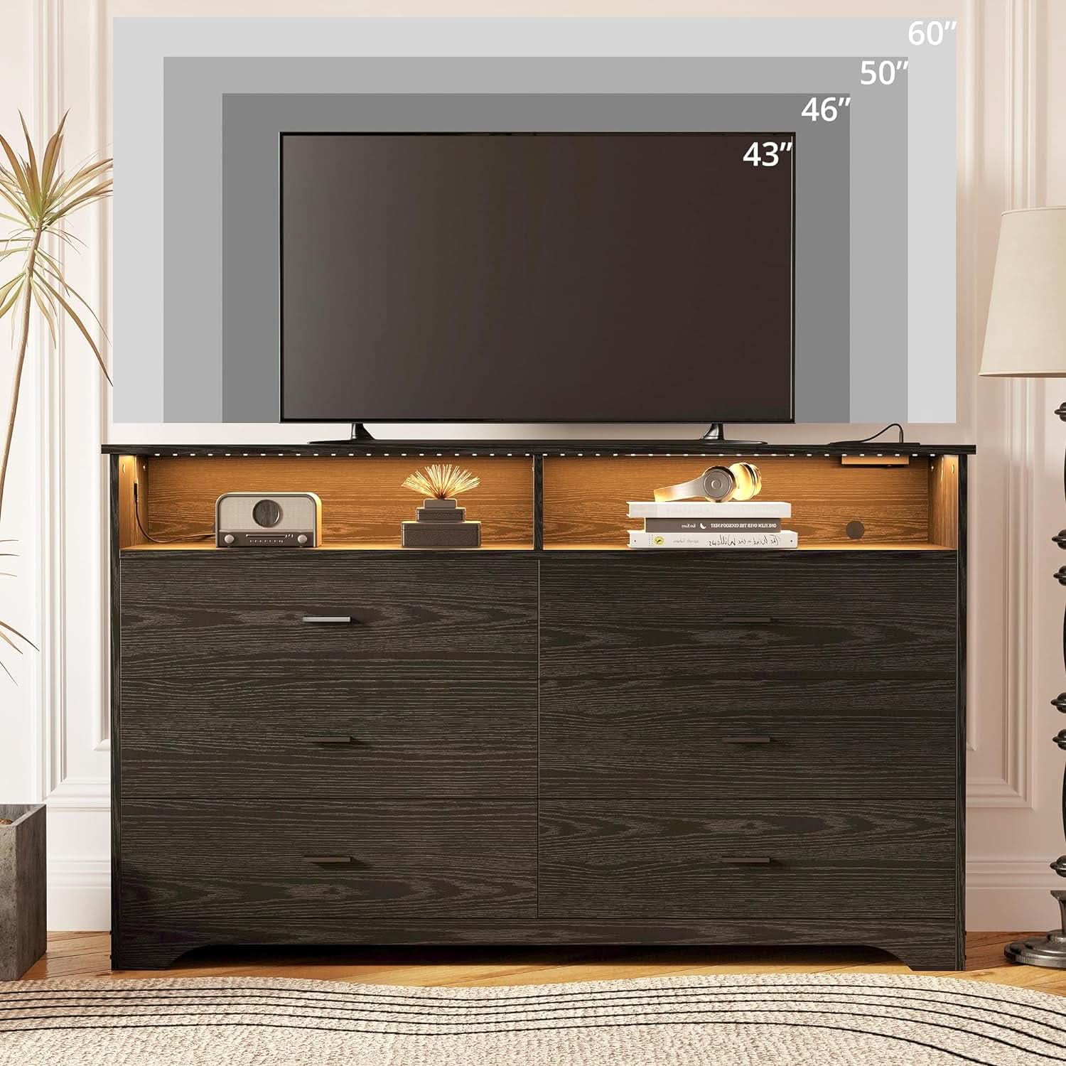 59Inch Black Dresser Featuring LED Lighting USBPorts