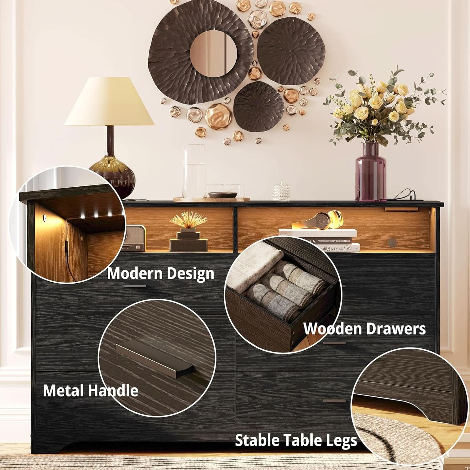 59Inch Black Dresser Featuring LED Lighting USBPorts