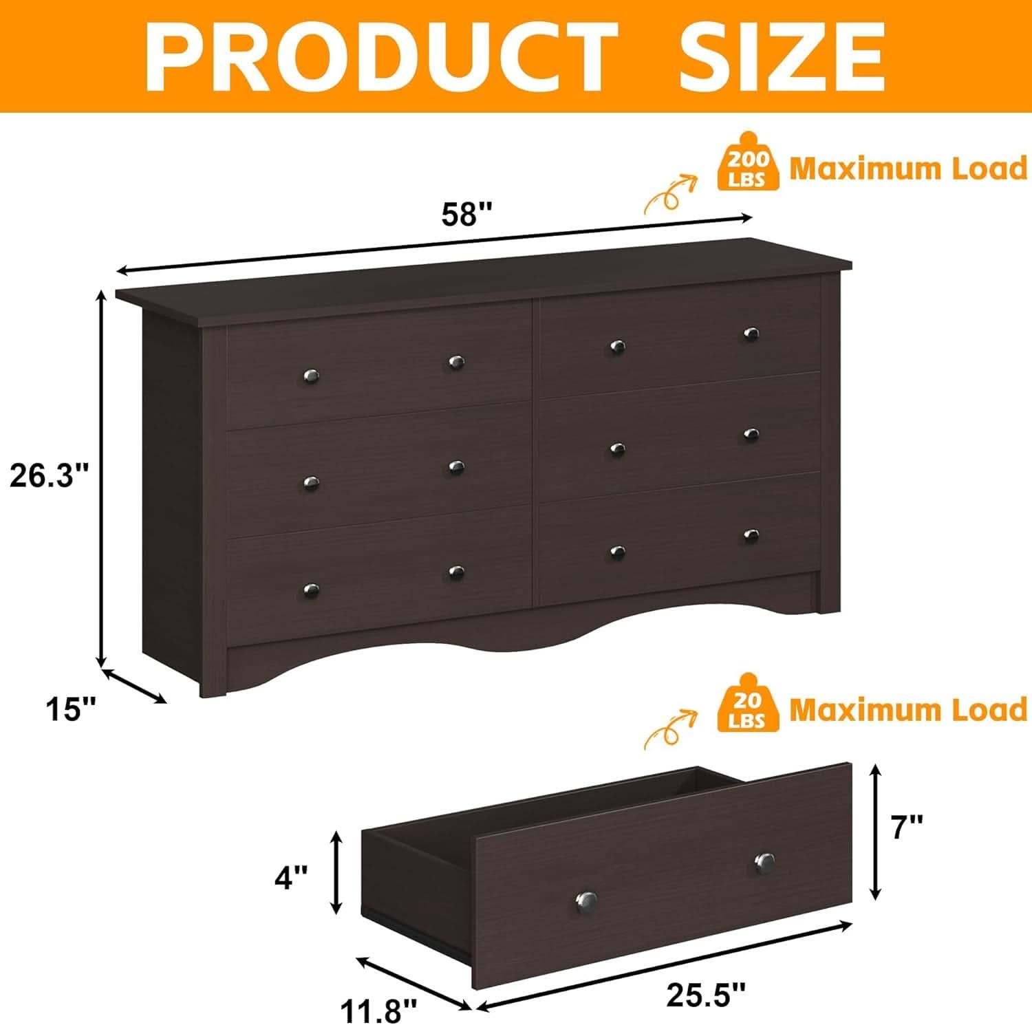 6 Drawer Dresser And TV Stand For 65 Inch TV Brown