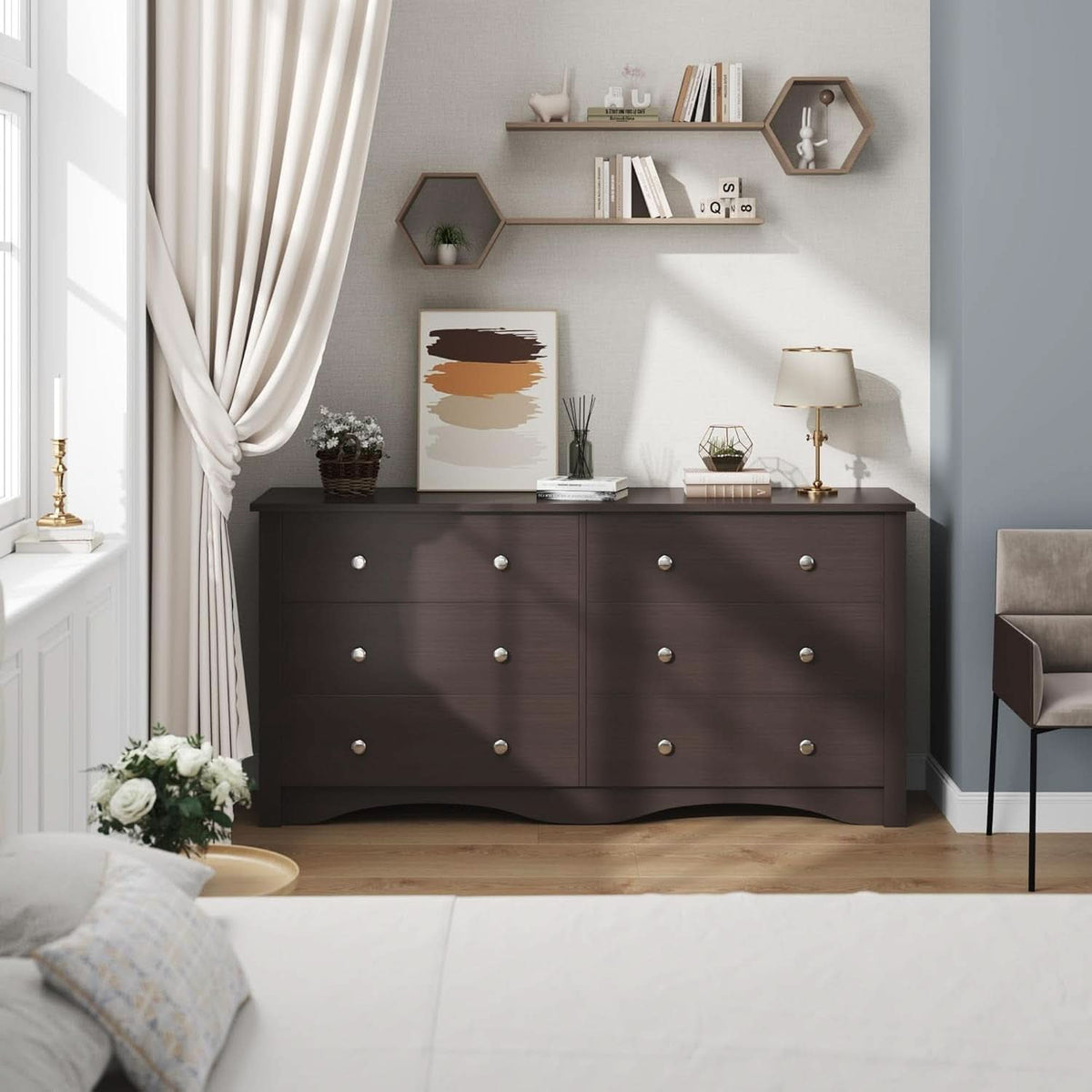 6 Drawer Dresser And TV Stand For 65 Inch TV Brown