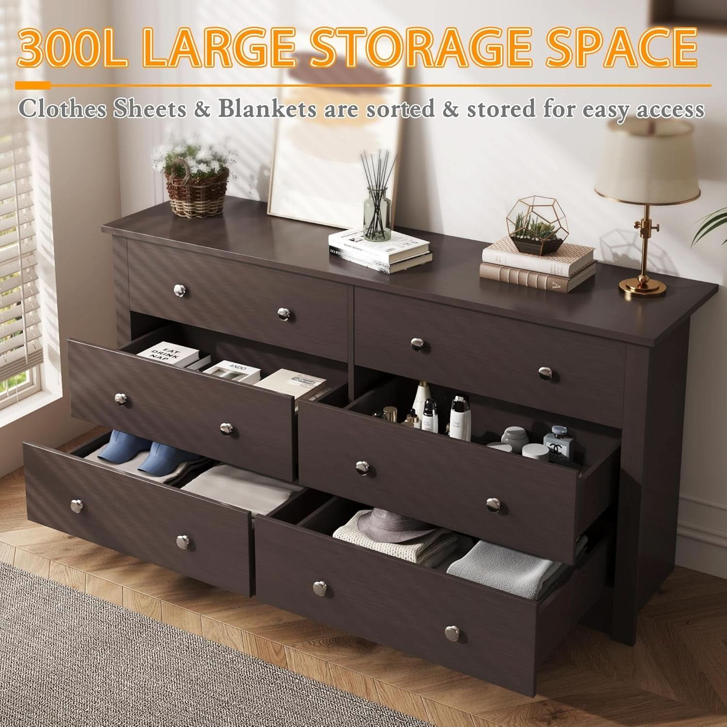 6 Drawer Dresser And TV Stand For 65 Inch TV Brown