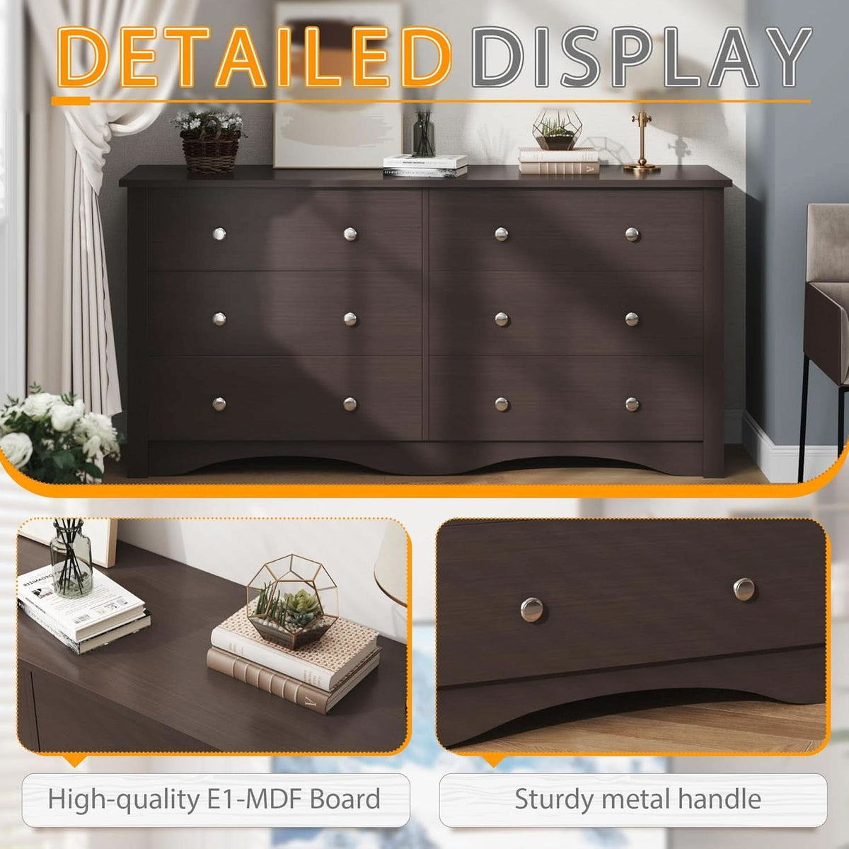 6 Drawer Dresser And TV Stand For 65 Inch TV Brown